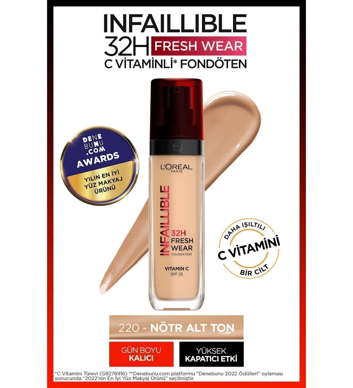 L'Oreal Paris L'Or al Paris Infaillible 32H Fresh Wear Vitamin C Foundation - 220 Sand - Buy Online on GoSupps.com