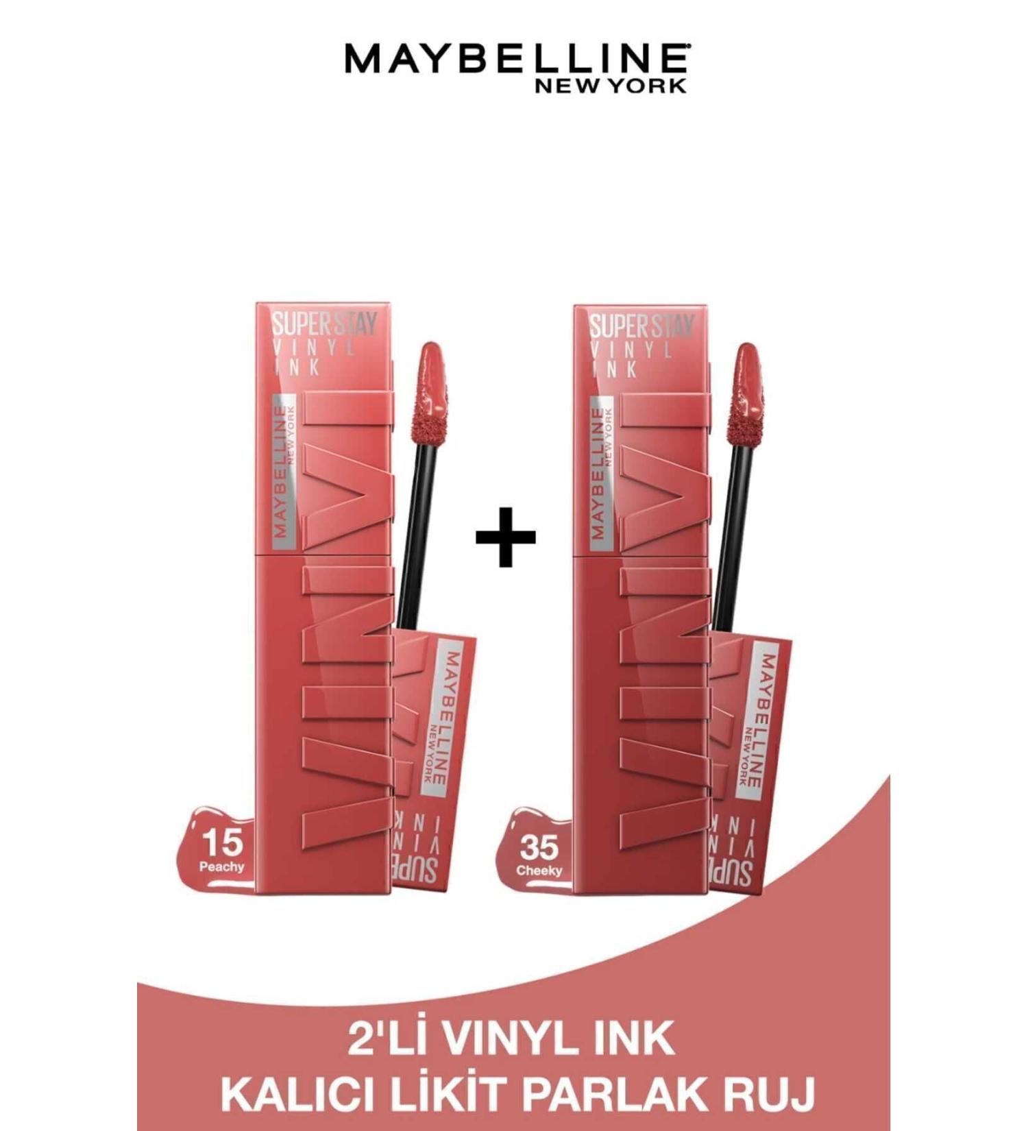 Maybelline New York Super Stay Vinyl Ink Long-Lasting Liquid Glossy Lipstick 15 Peachy & 35 Cheeky - Set of 2 - Buy Online on GoSupps.com