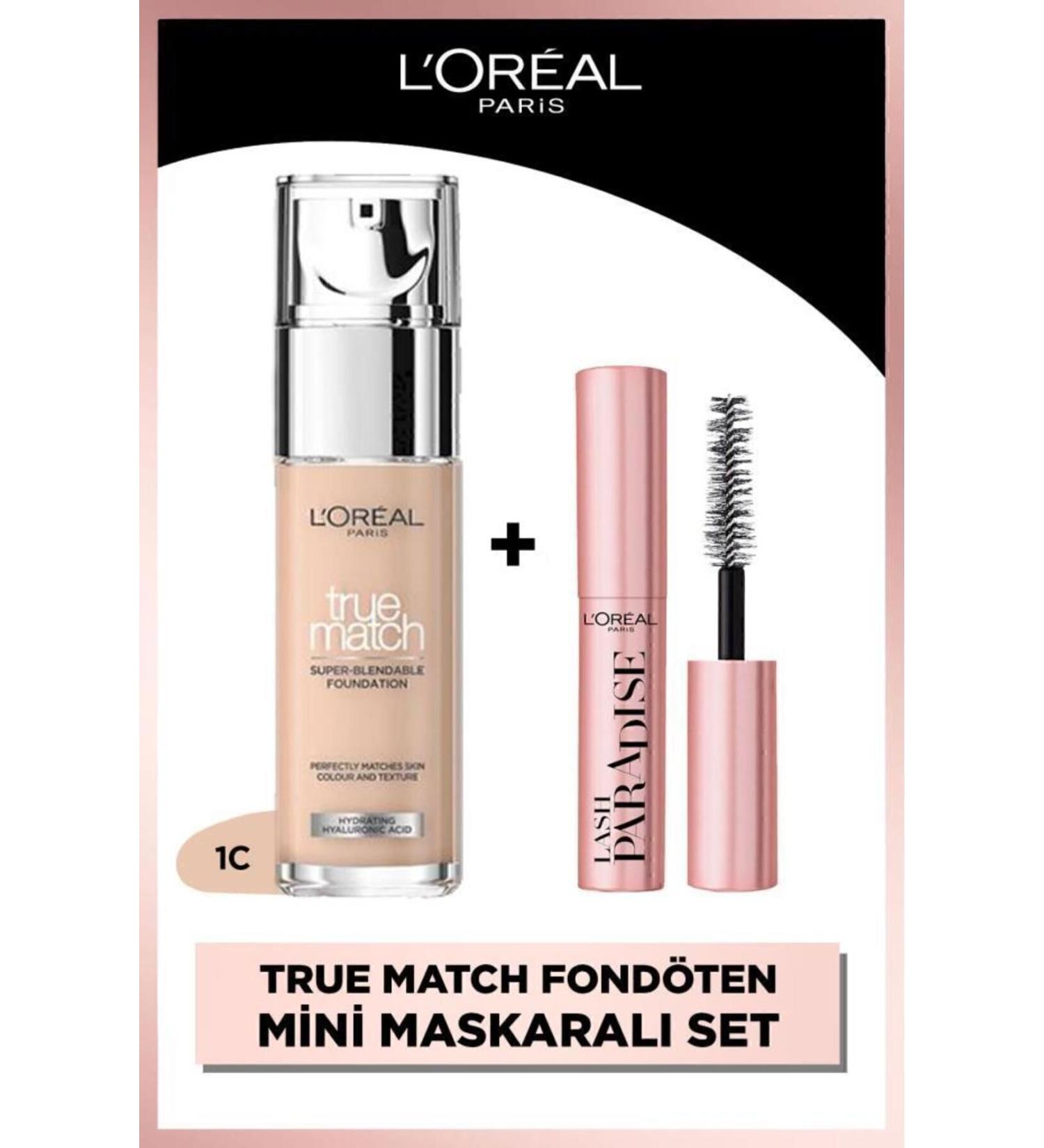 L'Oreal Paris True Match Caring Foundation - 1C Cool Undertone & Mini Paradise Mascara 4.7 ML - Buy Online on GoSupps.com