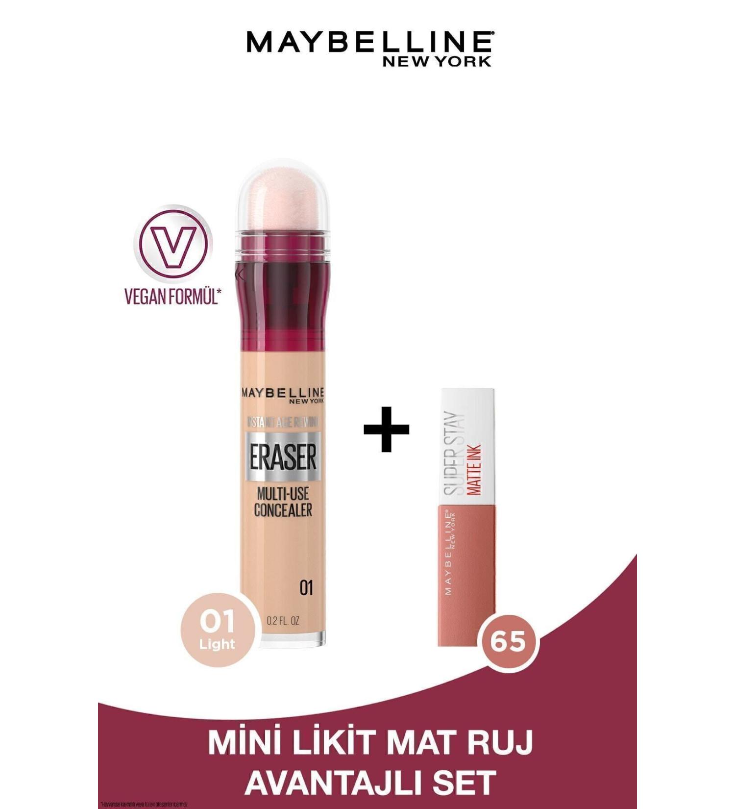 Maybelline New York Instant Anti Age Eraser Concealer 01 Light & Mini Super Stay Matte Ink Liquid Matte Lipstick 65 Seductress - Buy Online on GoSupps.com