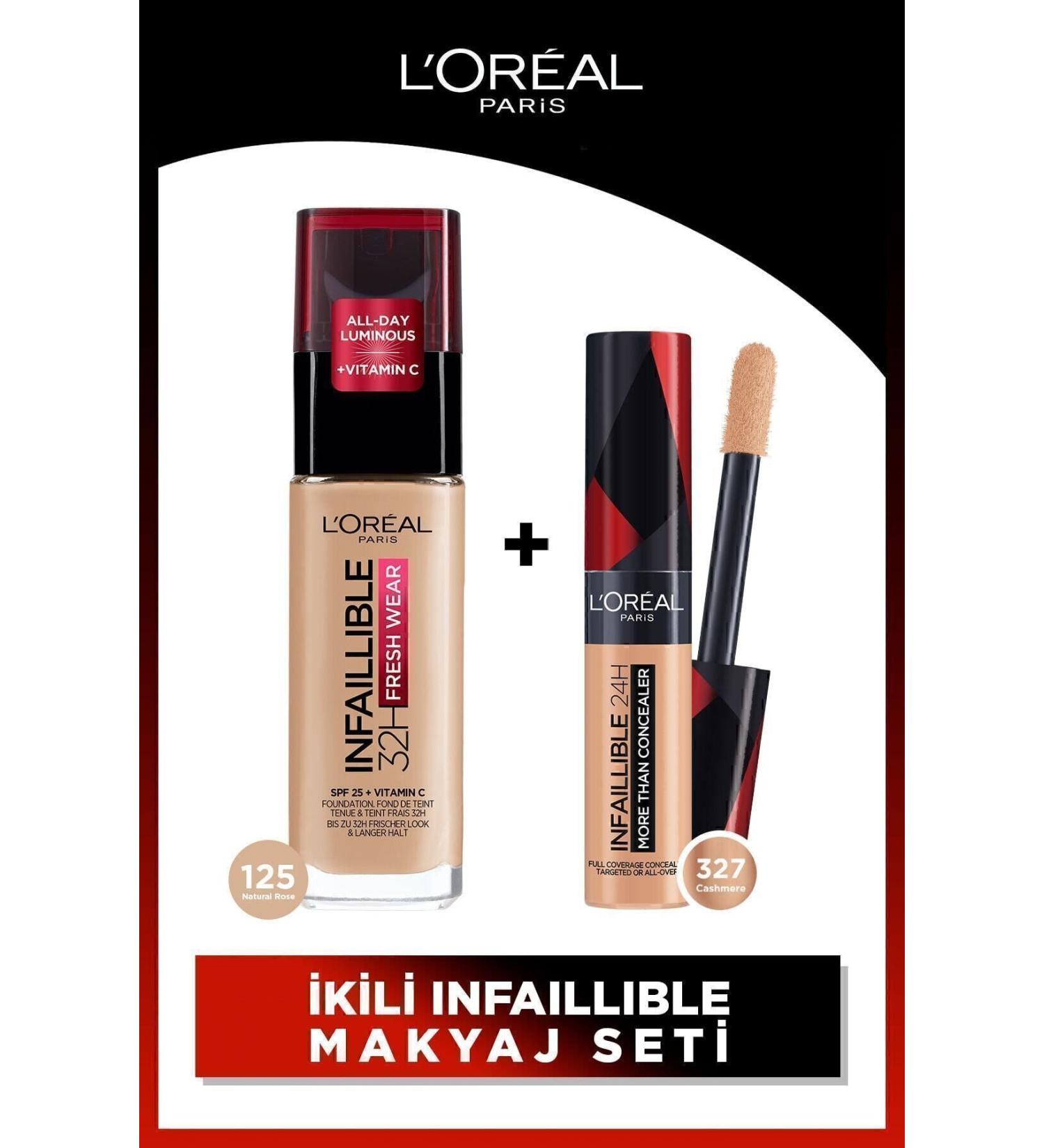 L'Oreal Paris Infaillible 32h Fresh Wear Vitamin C Foundation 125 & All-Around Concealer 327 Cashmere - Buy Online on GoSupps.com