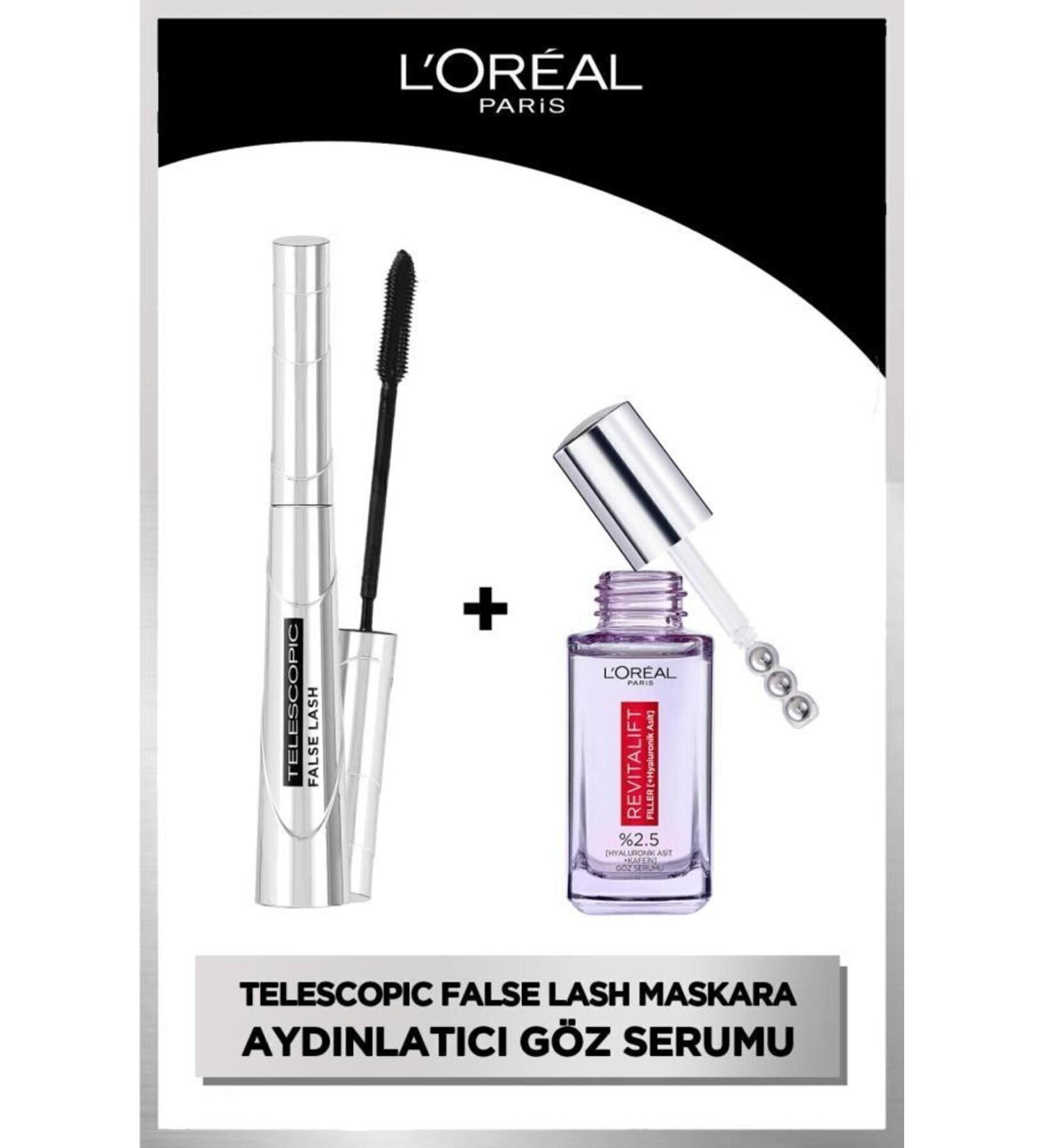 L'Oreal Paris False Lash Telescopic Fiber Mascara & Revitalift Filler Eye Contour Brightening Eye Serum 20ml - Buy Online on GoSupps.com
