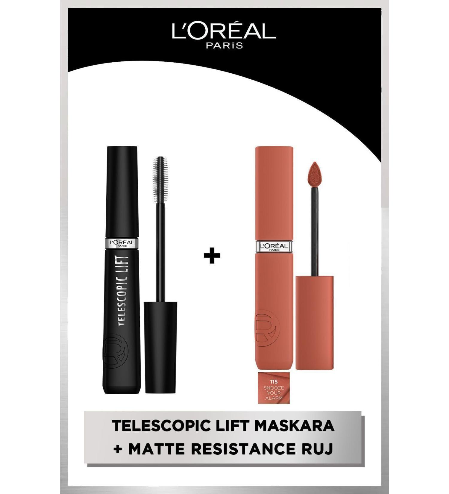 L'Oreal Paris Telescopic Lift Mascara & Infaillible Matte Resistance Liquid Matte Lipstick - 115 Snooze Your Alarm - Buy Online on GoSupps.com