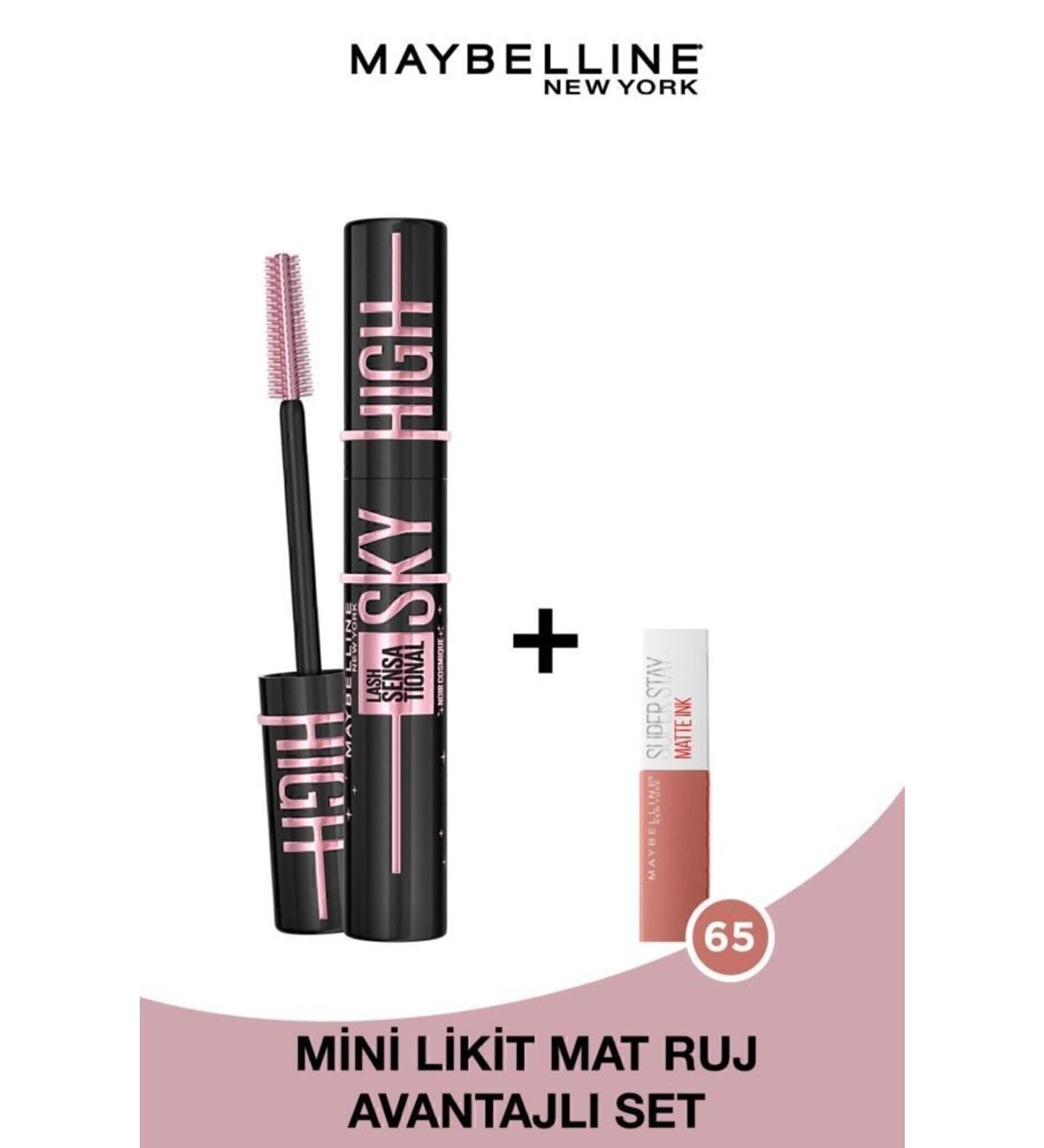 Maybelline New York Lash Sensational Sky High Cosmic Black Mascara & Mini Super Stay Matte Ink Lipstick 65 Seductress 2.7ml - Buy Online on GoSupps.com