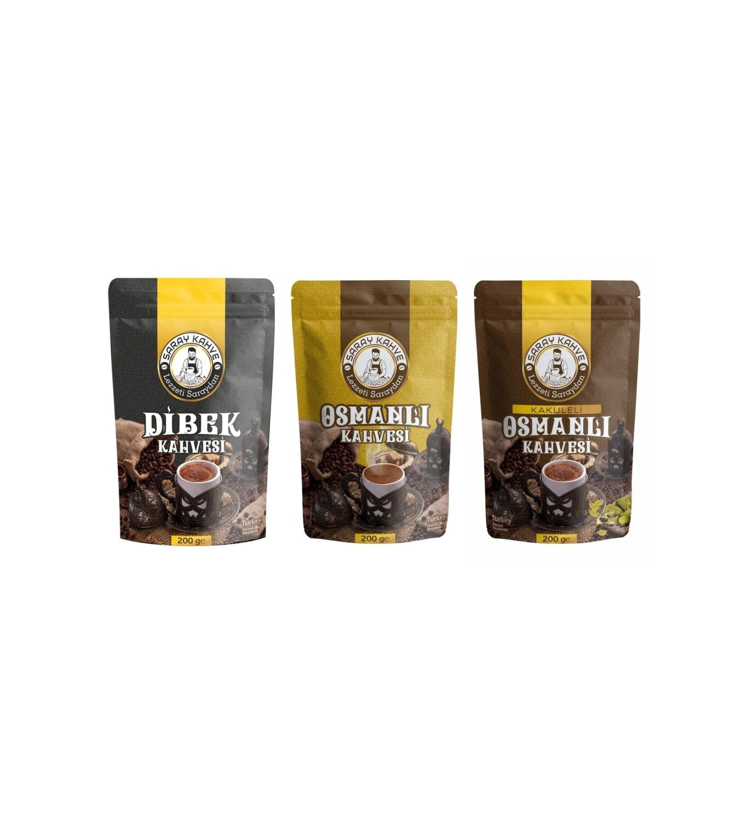 SARAY KAHVE 3-Pack Ottoman Dibek and Cardamom Ottoman) Coffee 200 gr