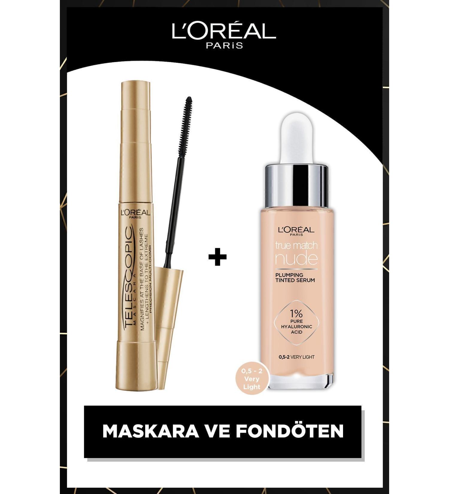 L'Oreal Paris Telescopic Gold Black Mascara & True Match Nude Foundation Serum 0.5-2 Very Light - Buy Online on GoSupps.com