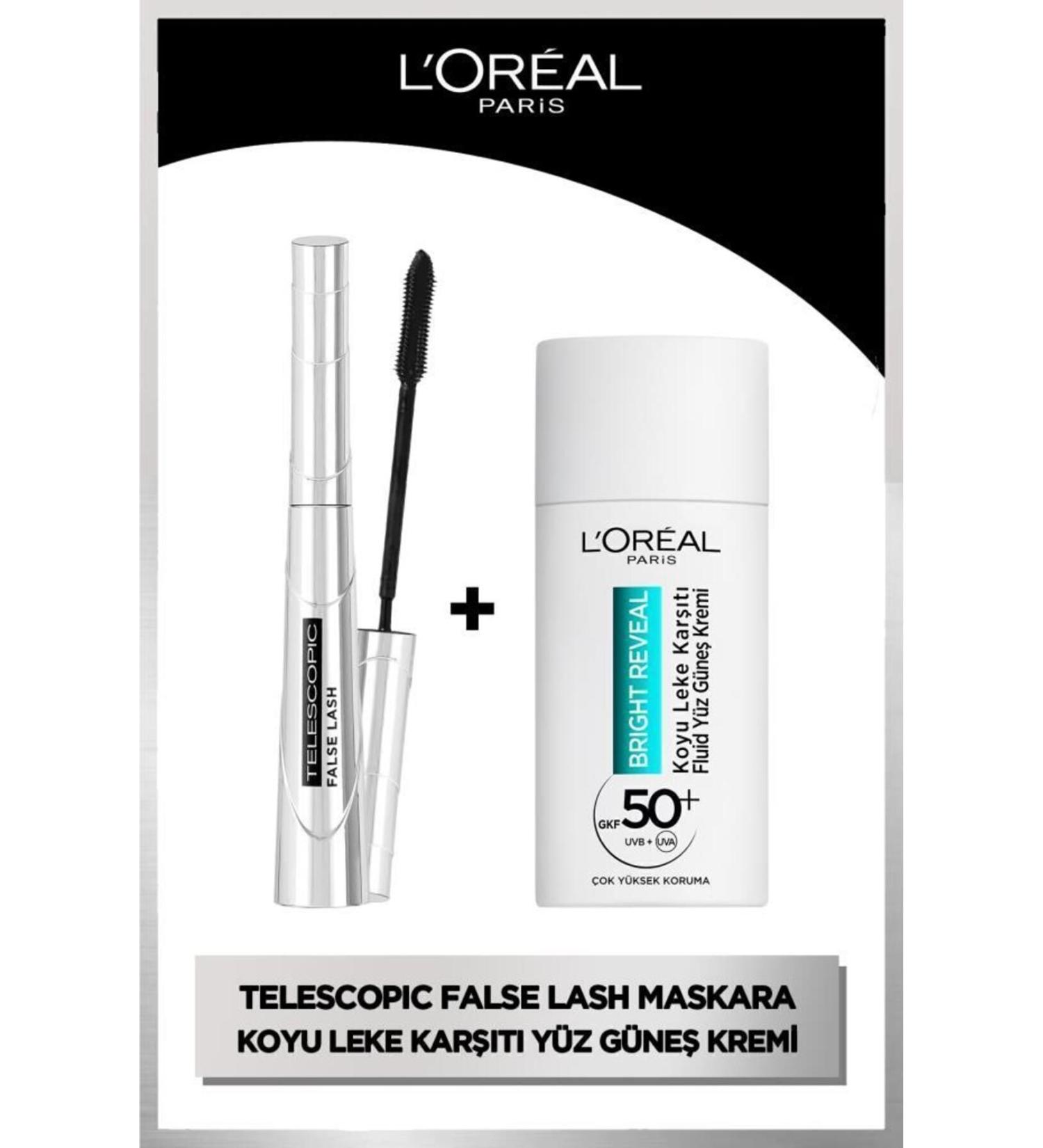 L'Oreal Paris False Lash Telescopic Fiber Mascara & Bright Reveal Spf 50+ Dark Spot Daily Face Sunscreen - Buy Online on GoSupps.com