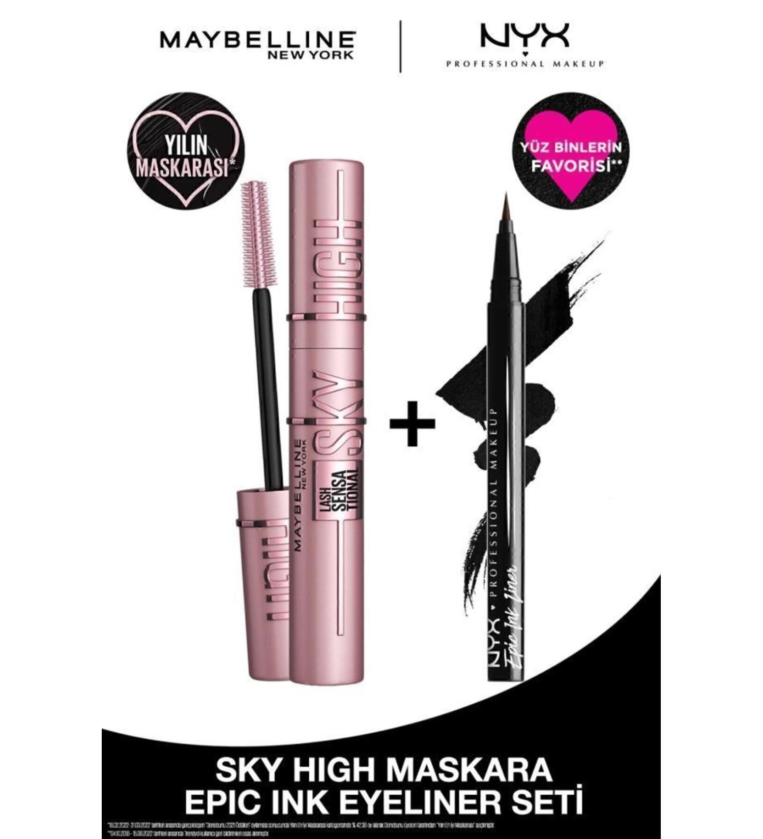 Maybelline New York Lash Sensational Sky High Mascara & Nyx Professional Makeup Black Eyeliner - Epic Ink Liner Black - Buy Online on GoSupps.com