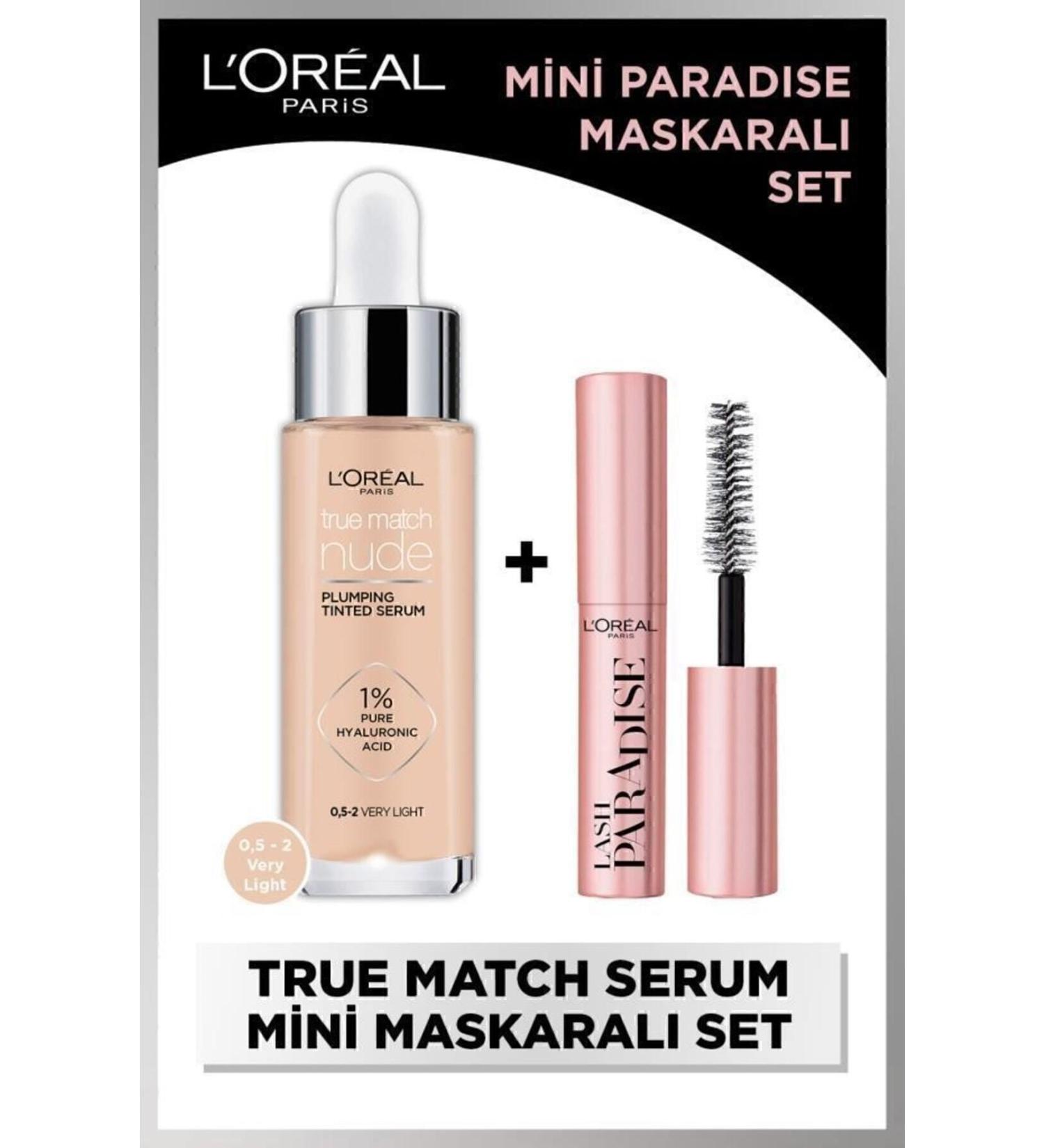 L'Oreal Paris True Match Nude Foundation Serum 0.5-2 Very Light & Mini Paradise Mascara 4.7 Ml Makeup Set - Buy Online on GoSupps.com