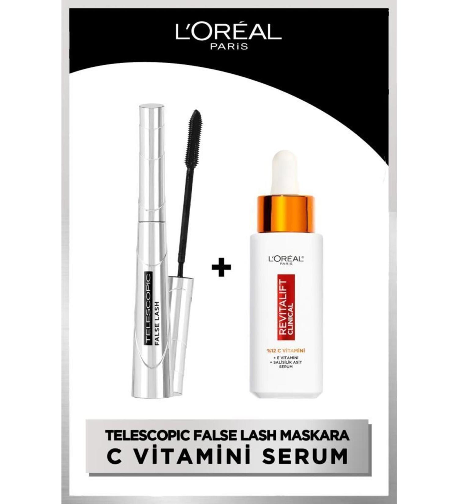 L'Oreal Paris False Lash Telescopic Fiber Mascara & Revitalift Clinical Pure Vitamin C Brightening Serum 30ml - Buy Online on GoSupps.com