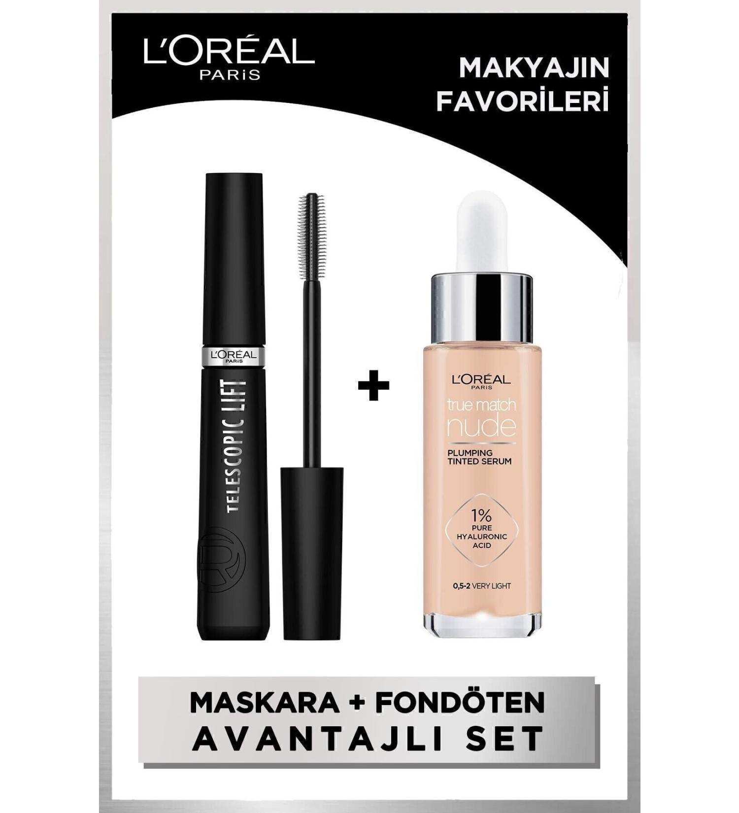 L'Oreal Paris Telescopic Lift Mascara & True Match Nude Foundation Serum 0.5-2 Very Light - Makeup Favorites Set - Buy Online on GoSupps.com