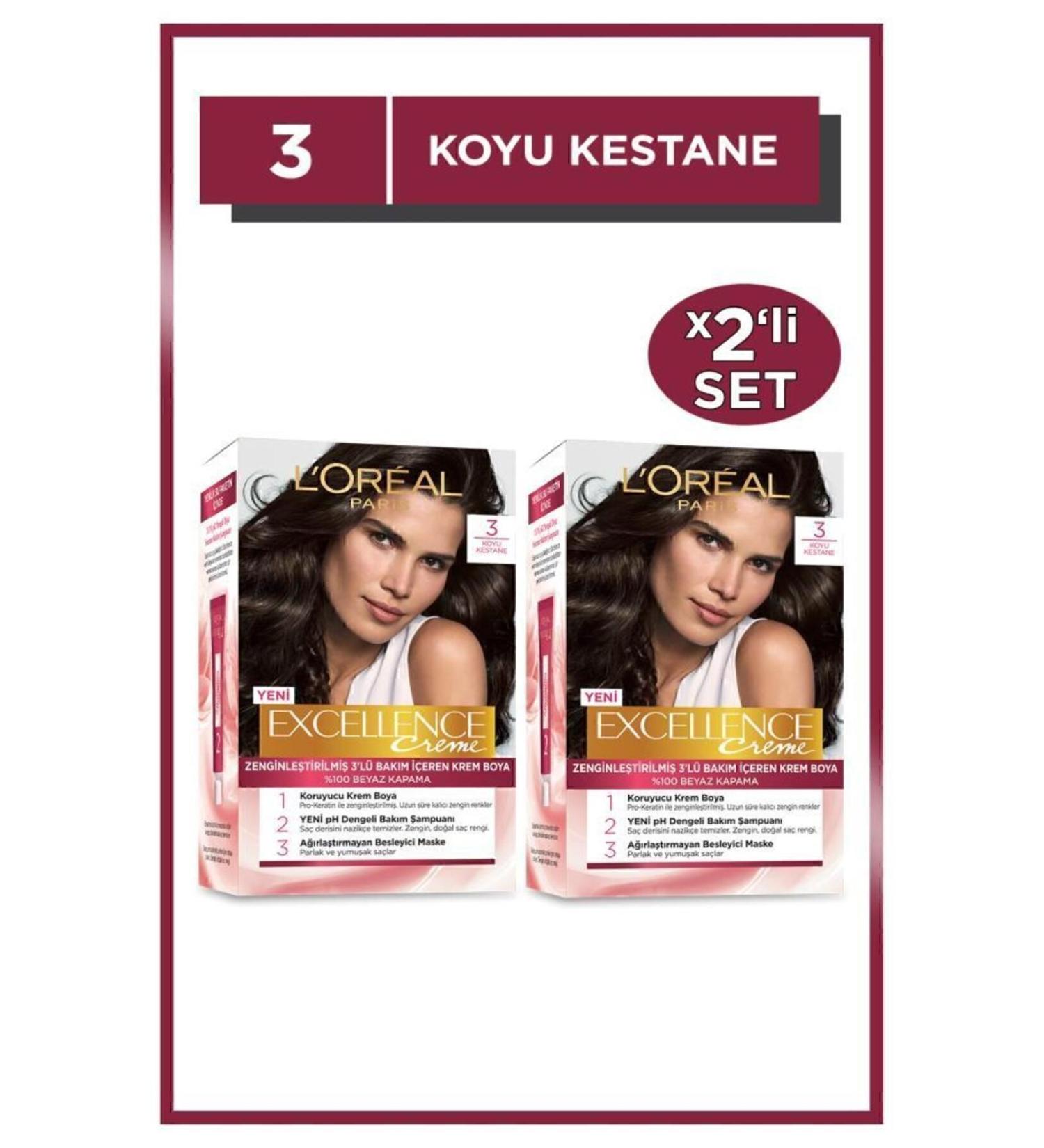 L'Oreal Paris Excellence Creme Hair Dye 3 Dark Chestnut 2-Piece Set - Buy Online on GoSupps.com