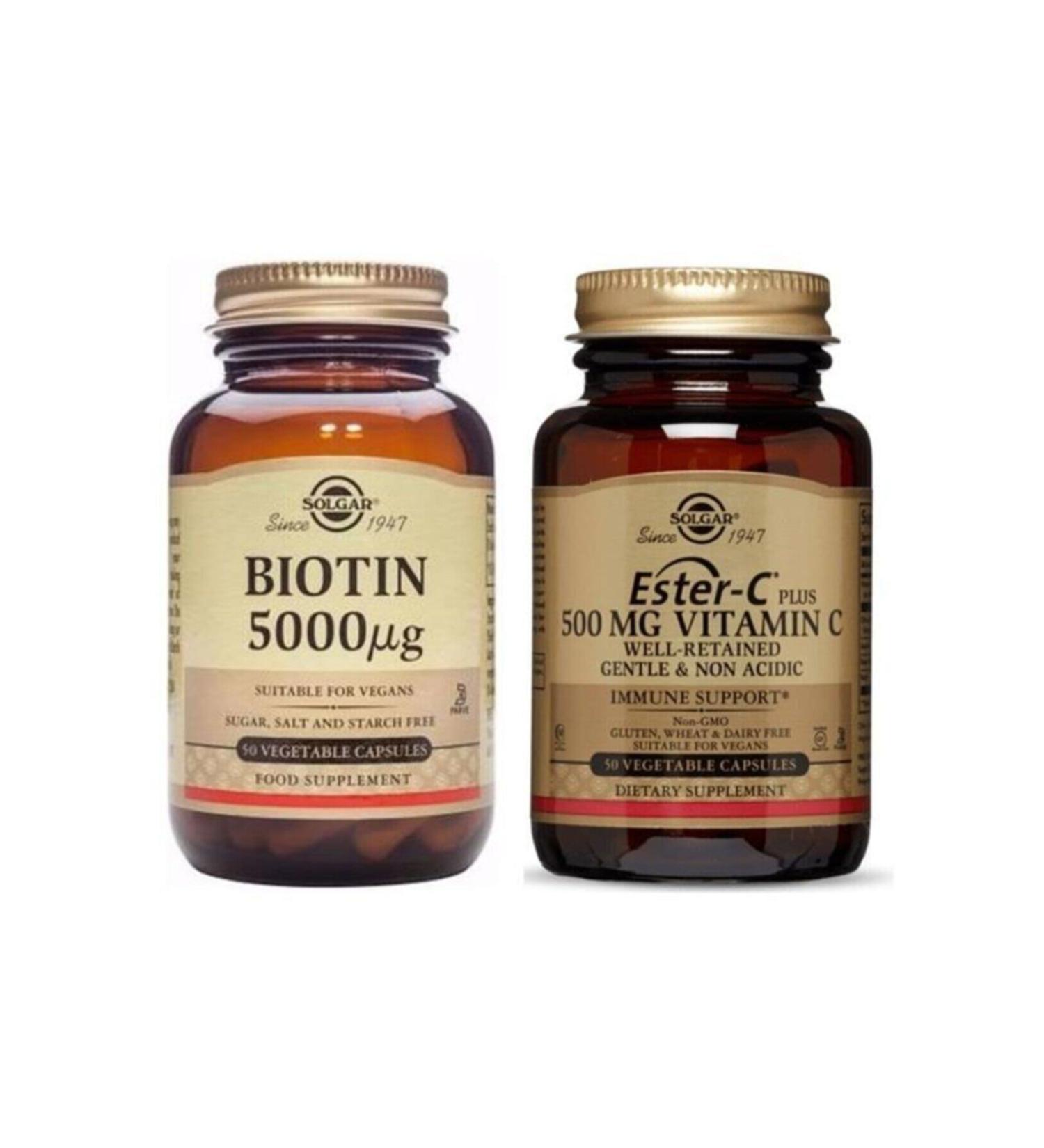 Solgar Biotin 5000 Mcg 50 Capsules + Ester-c Plus 500 Mg 50 Capsules - Buy Online on GoSupps.com