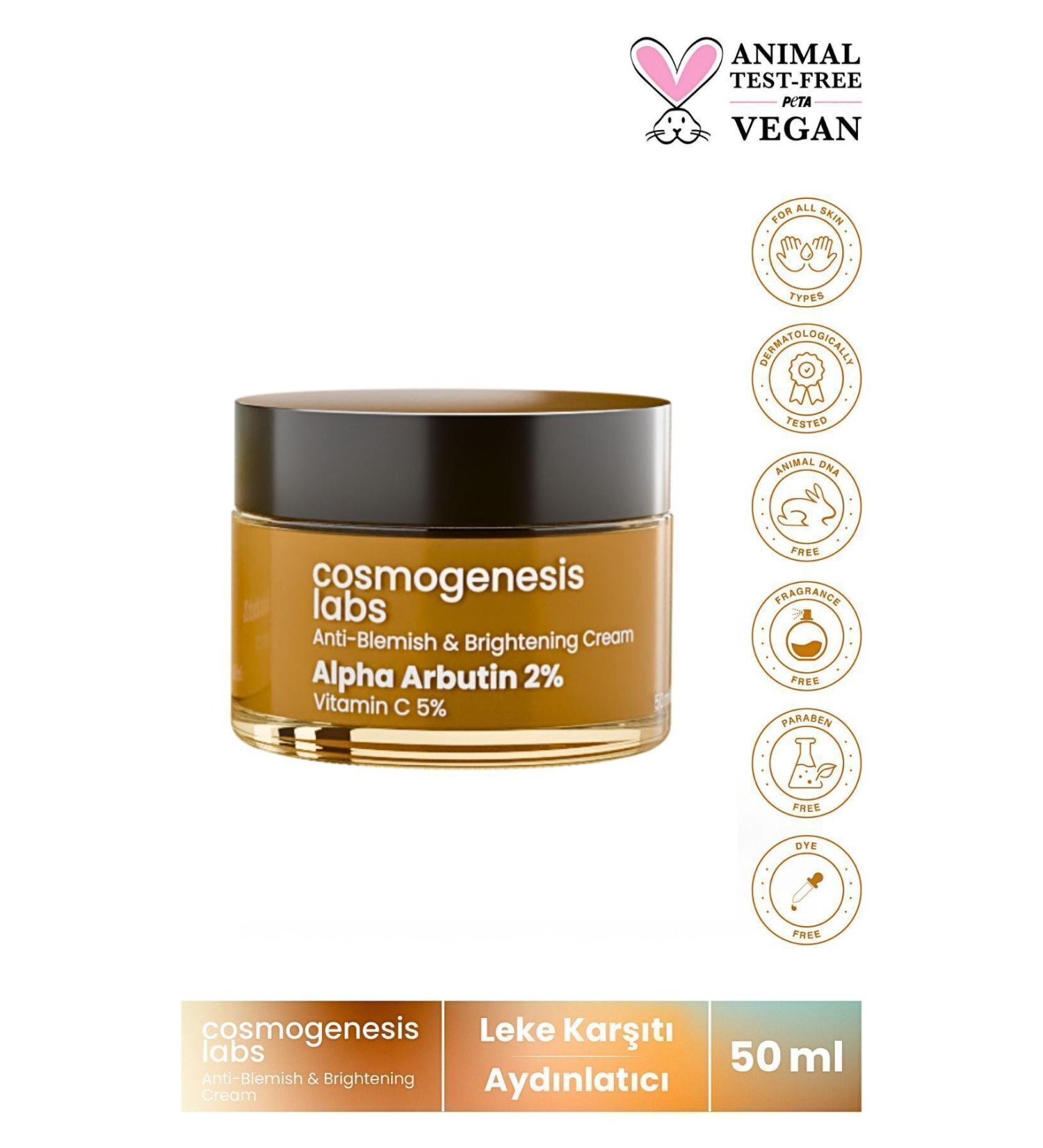 Cosmogenesis Labs Anti-Blemish Vitamin C Blemish Cream 50ml Vegan Brightening Tone-Equalizing Moisturizer (2% Arbutin) - Buy Online on GoSupps.com