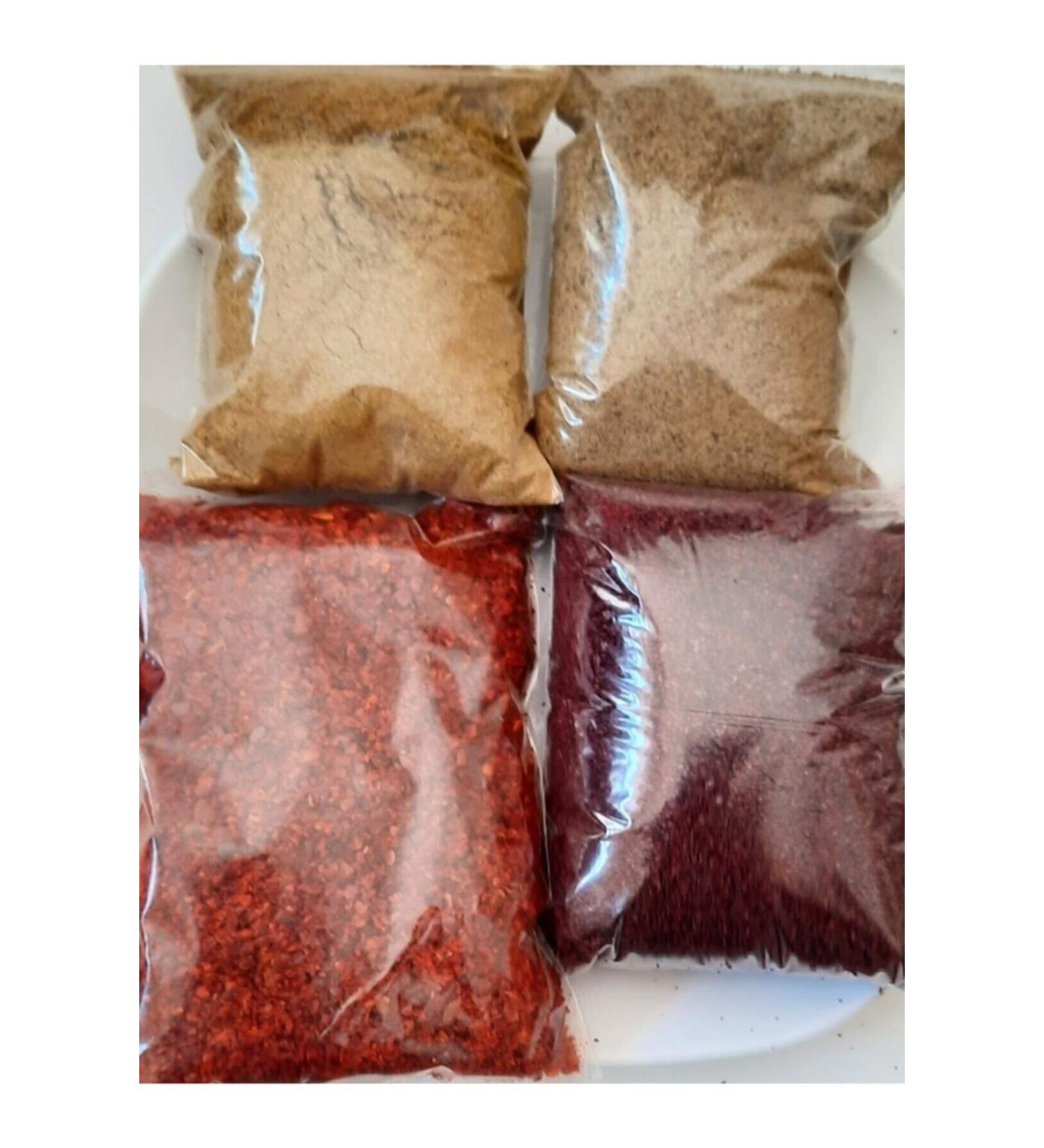 YILMAZ MEDICINAL HERBS AND SPICE PRODUCTS Black Pepper & Cumin & Hot Pepper Flakes & Sumac Powder 100 grams each