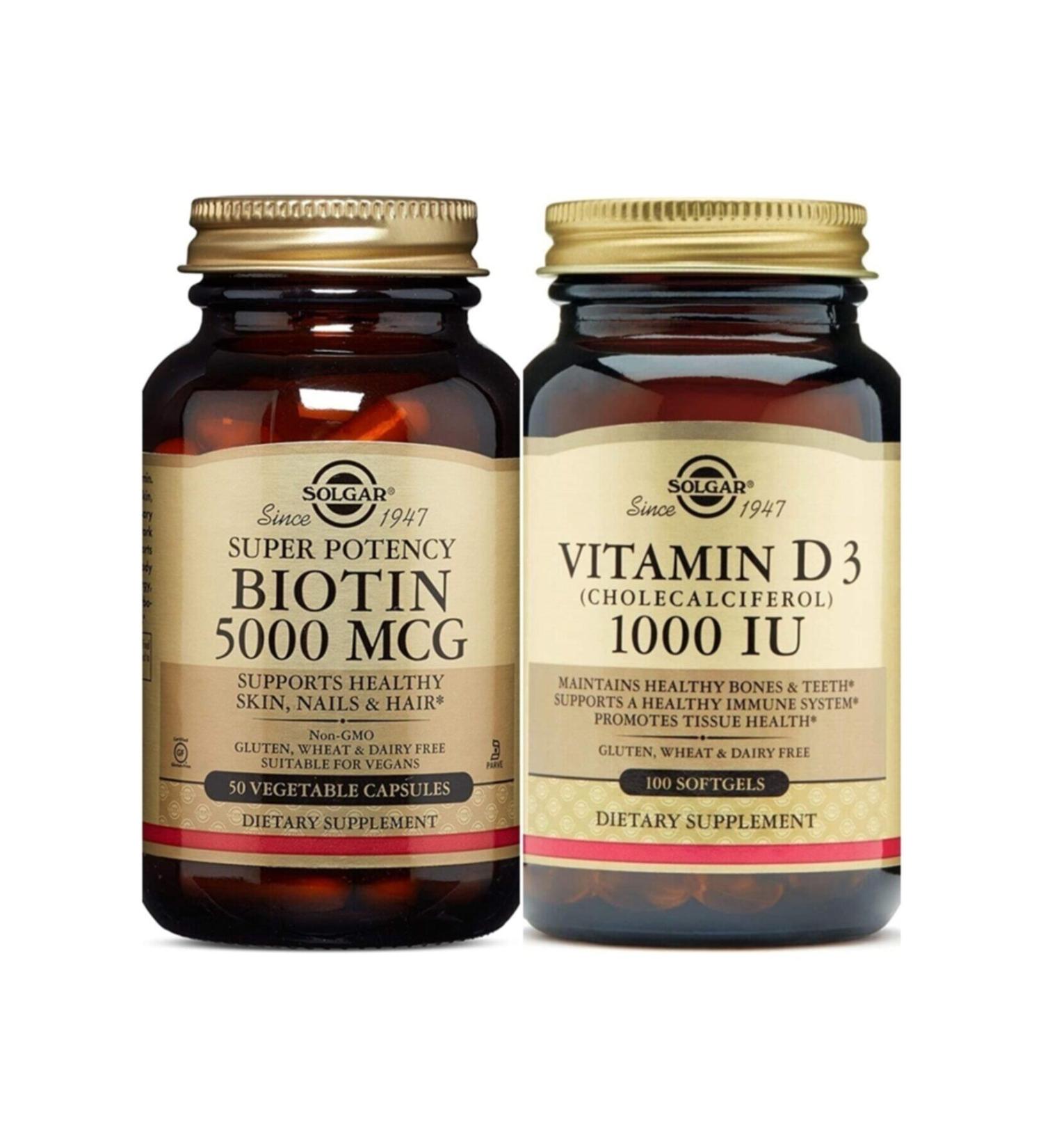 Solgar Biotin 5000 Mcg 50 Capsules + Vitamin D3 1000 Iu 100 Tablets