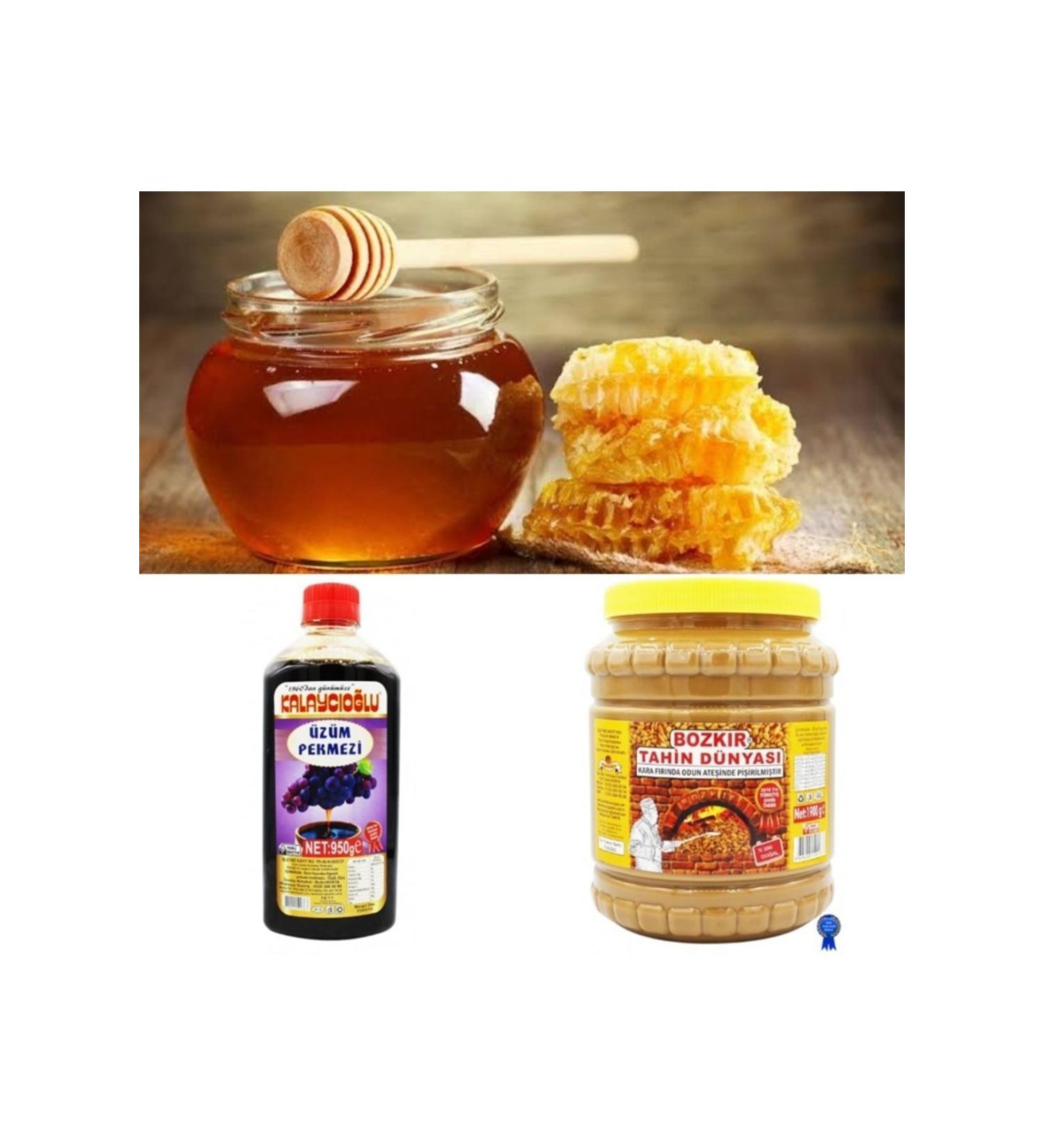 Kalayc o lu BOZKIR DOUBLE ROASTED TAHINI 1900 GR - YAYLA EXTRACTED HONEY 1 KG - GRAPE MOLASSES 950 G