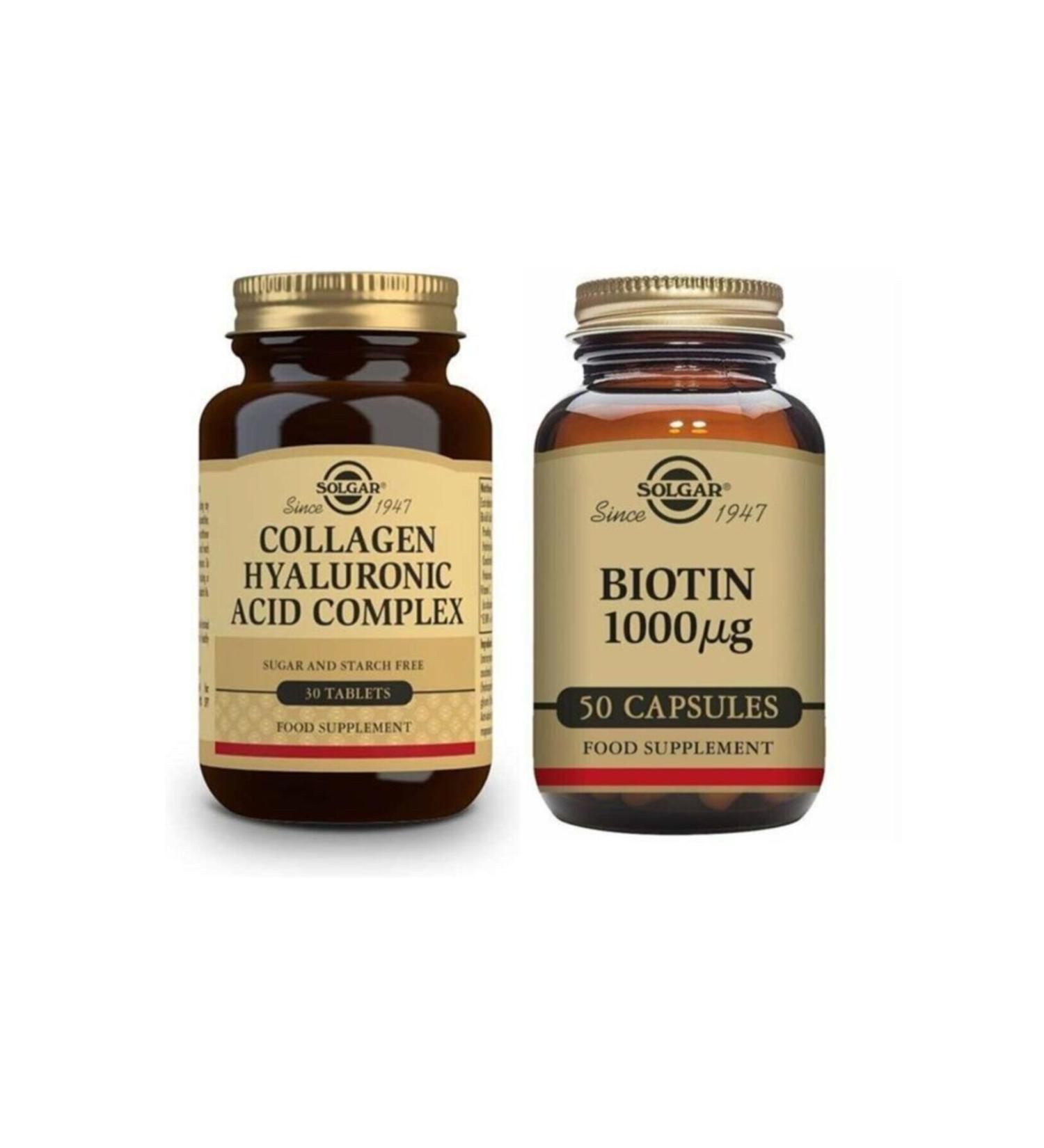 Solgar Hyaluronic Acid Collagen Complex 30 Tablets + Biotin 1000 Mcg 50 Capsules - Buy Online on GoSupps.com