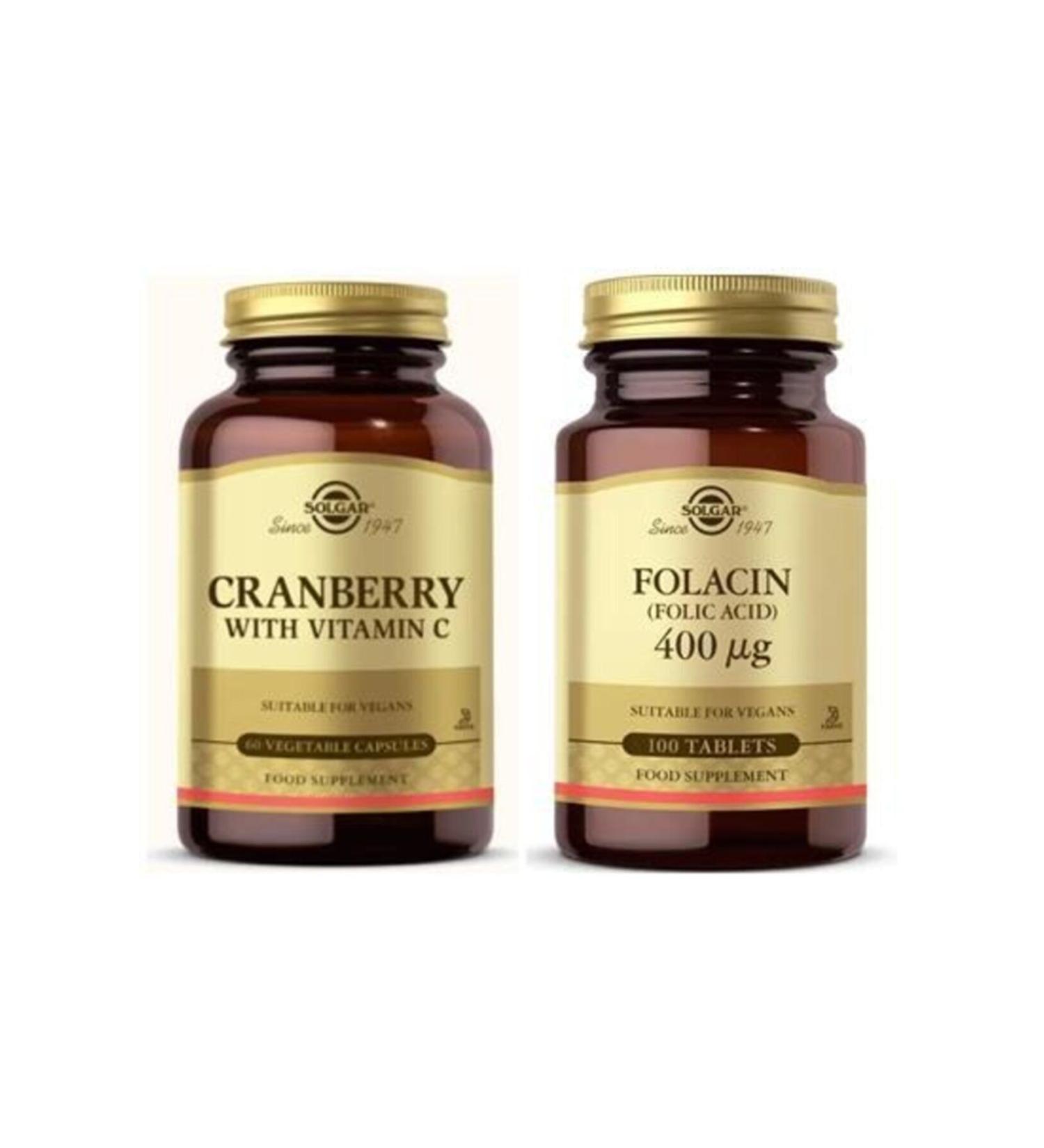 Solgar Cranberry Extract With Vitamin C 60 Capsules + Folic Acid 400 Mcg 100 Tablets - Buy Online on GoSupps.com