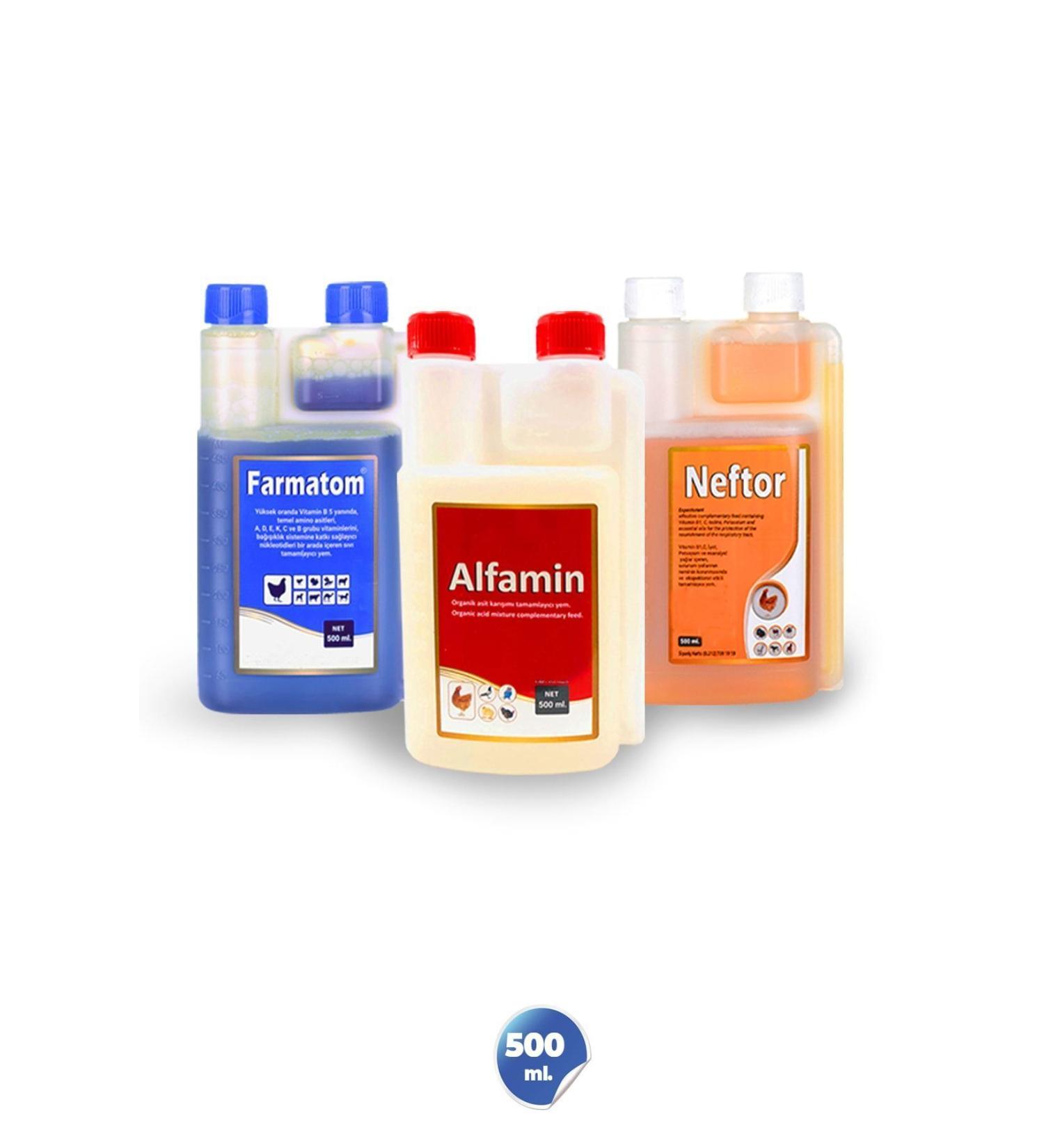 Munich Vet 3-Piece Set for Poultry Farmatom Vitamin + Alfamin + Neftor Wheezing Set - 500 Ml