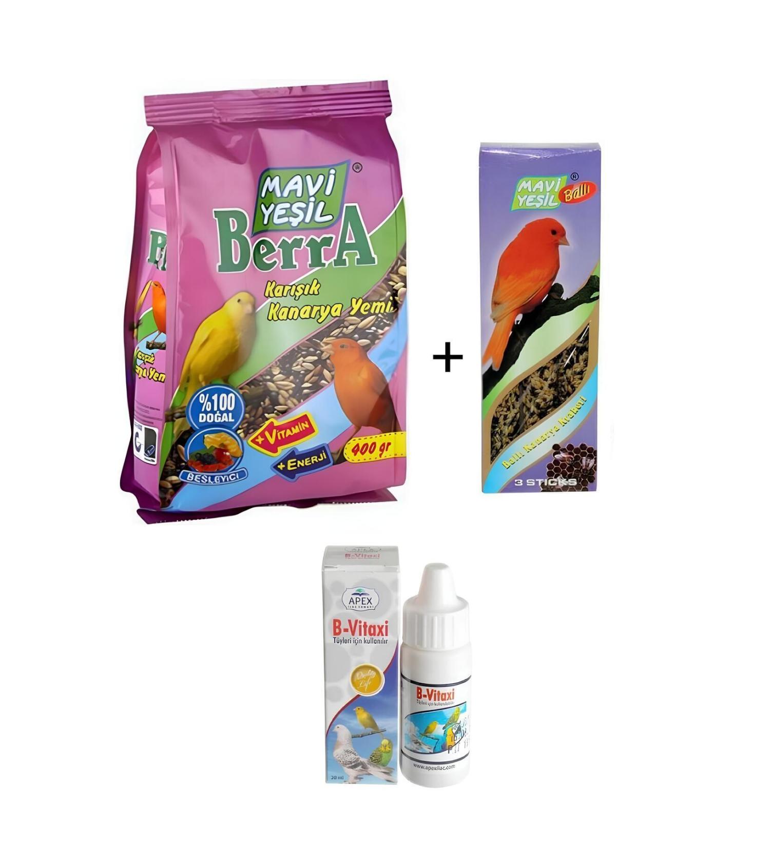 Blue Green Canary Food + 3-Piece Honey Crackers + Anti-Moulting Vitamin Drop Set