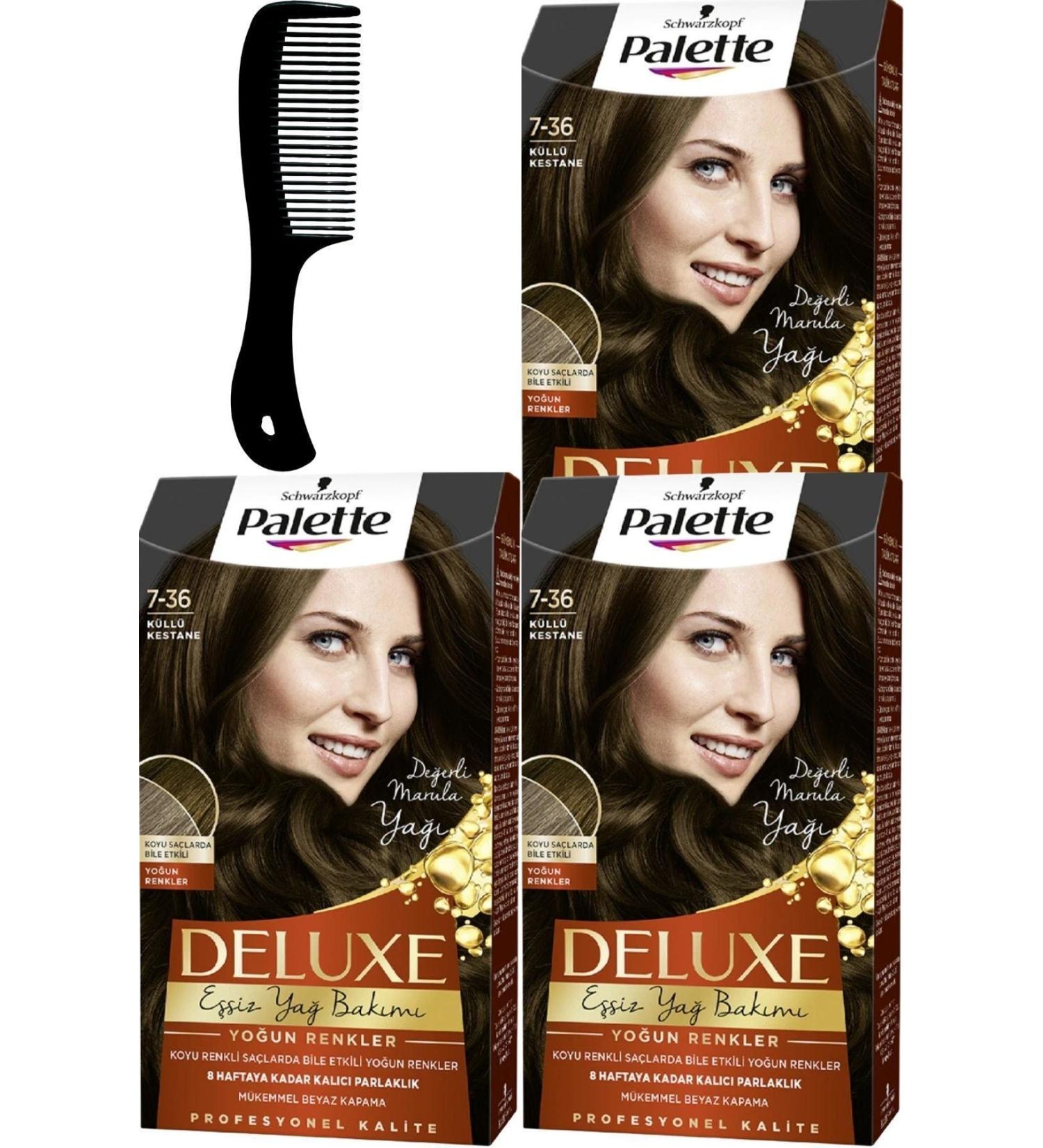 Palette Deluxe Intense Colors Hair Dye 7-36 Ash Chestnut X 3 Pieces + Hair Opening Comb