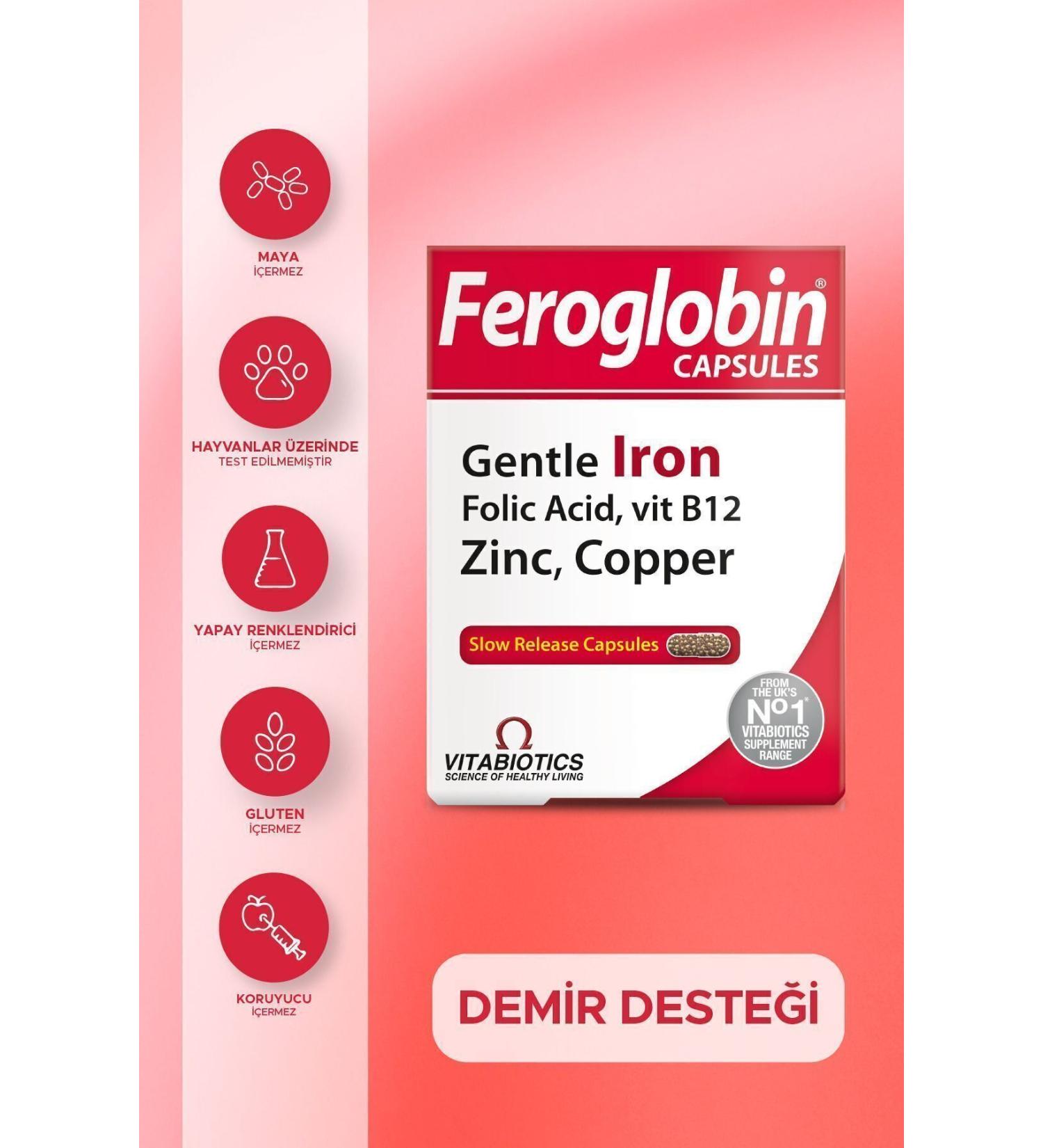 Vitabiotics Feroglobin Iron (Gentle Iron) Vitamin B12 Folic Acid Zinc Copper Containing Supplementary Food 30 Capsules