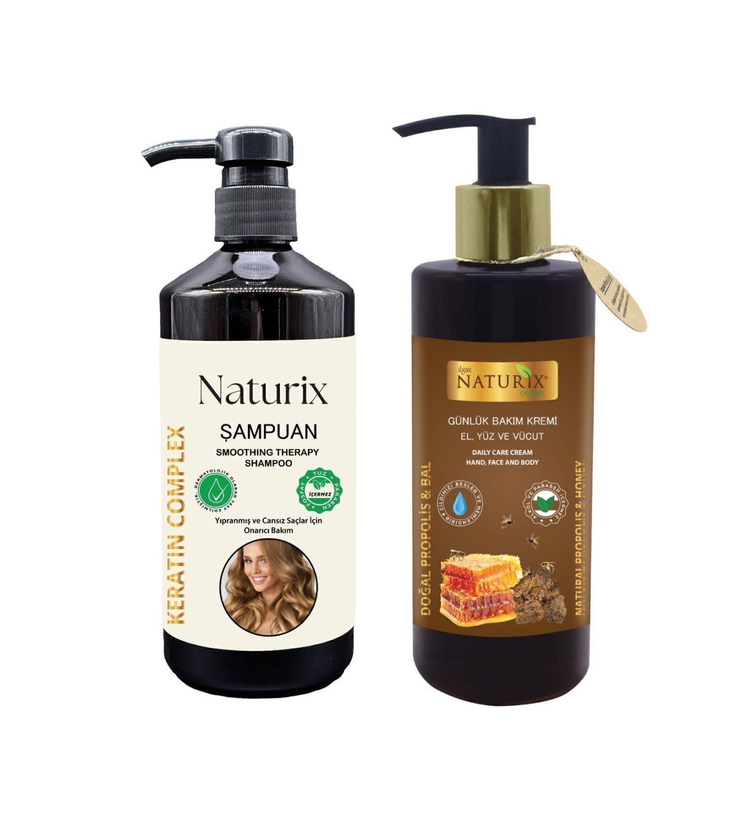 Naturix Salt-Free Keratin Shampoo Brazilian Blow Dry After Shampoo 600 Ml + Honey&Propolis Hand Face Body Lotion 250ml