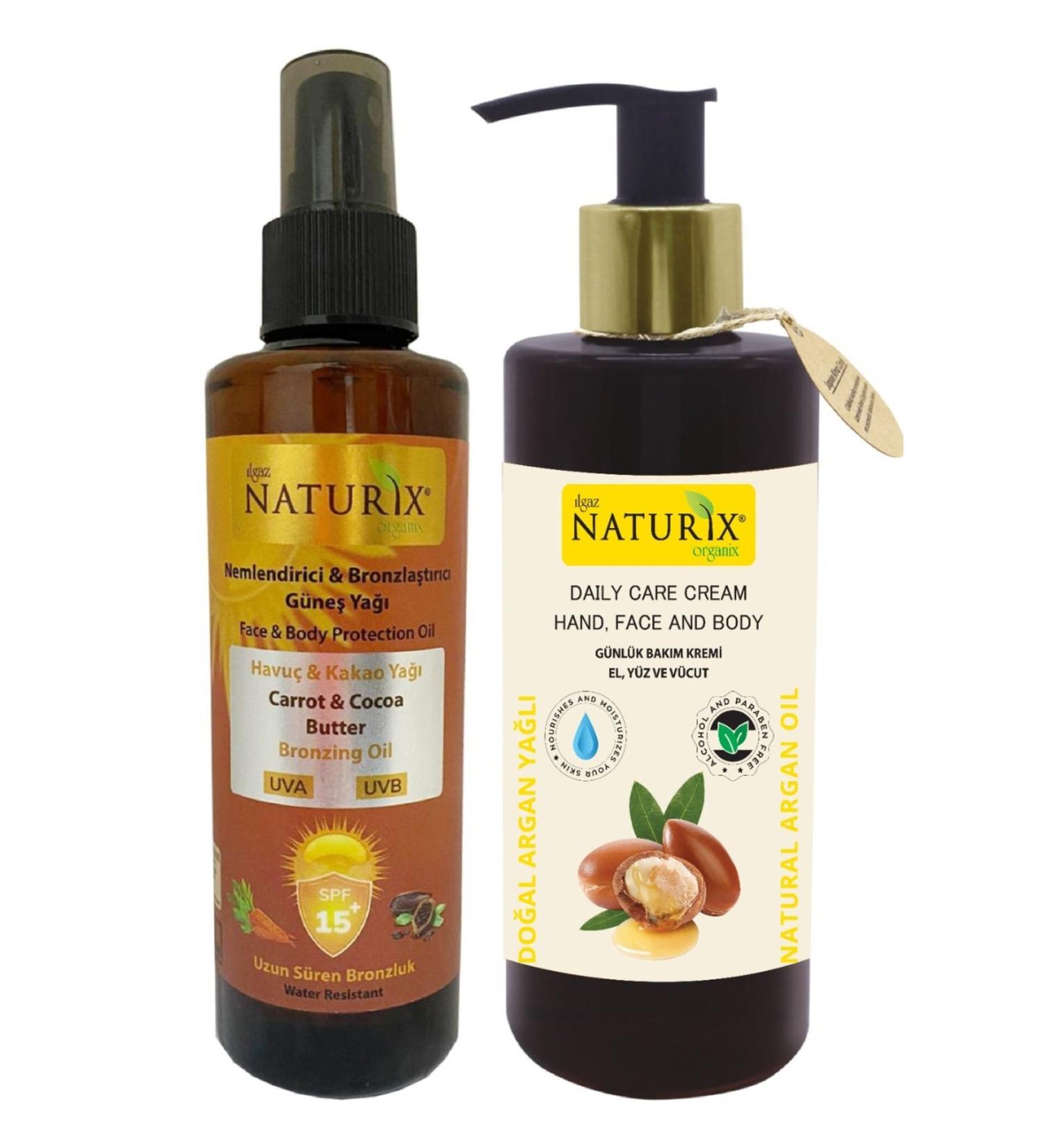 Naturix Cocoa & Carrot Oil Spf 15 Intensive Tanning Oil 200 Ml + Argan Oil Hand Face and Body Lotion 250 Ml