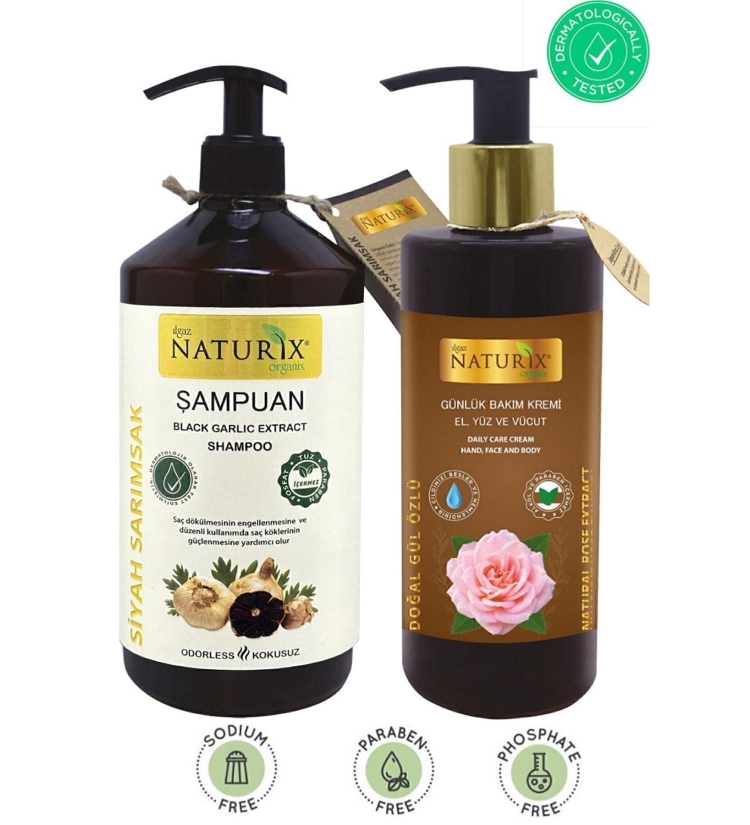 Naturix Unscented Salt-Free Black Garlic Extract Shampoo 600 Ml + Rose Extract Hand Face Body Care Cream 250 Ml - Buy Online on GoSupps.com