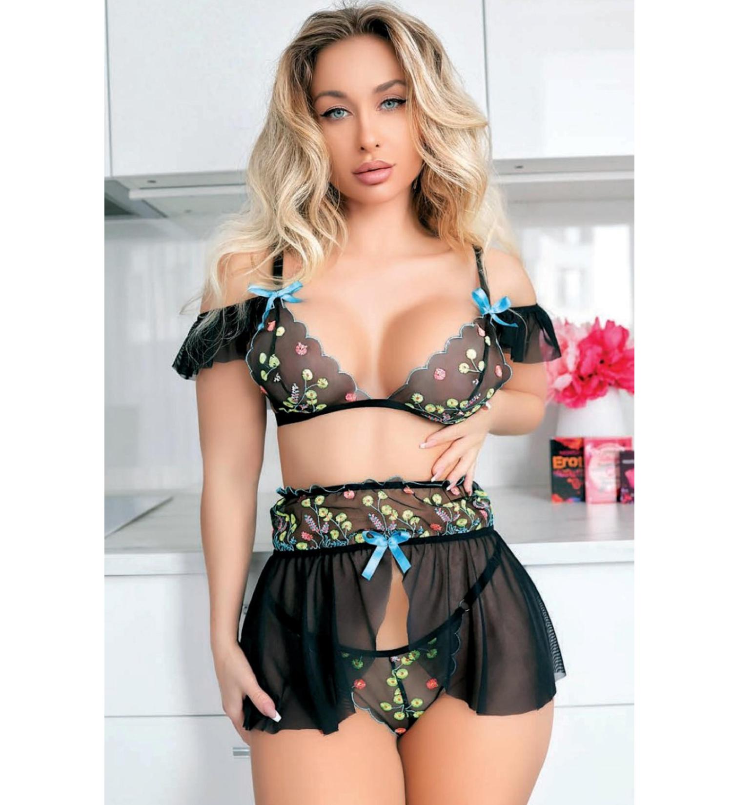 Skygo Night Light Women Black Fantasy Skirted Embroidered Nightgown 1068