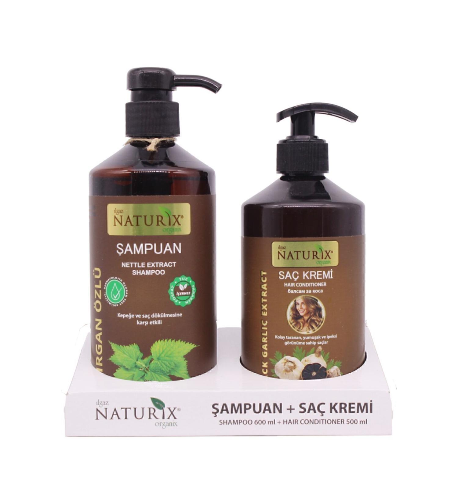 Naturix Salt-Free Paraben-Free Shampoo 2-Pack Natural Nettle Shampoo 600 Ml + 500 Ml Black Garlic Hair Conditioner - Buy Online on GoSupps.com