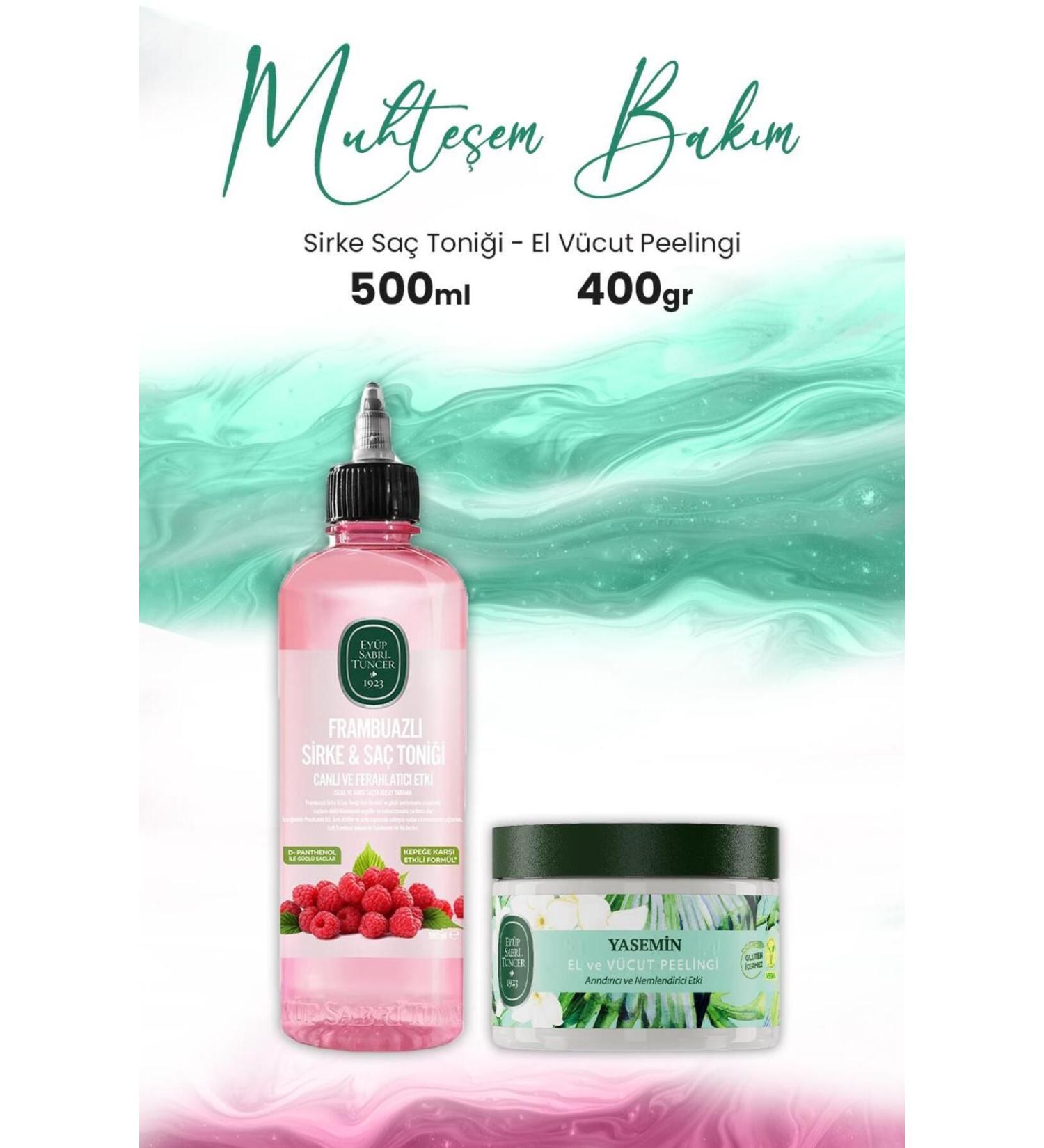 Ey p Sabri Tuncer Hand Body Peeling Jasmine 400 gr and Raspberry Vinegar Hair Tonic 500 ml