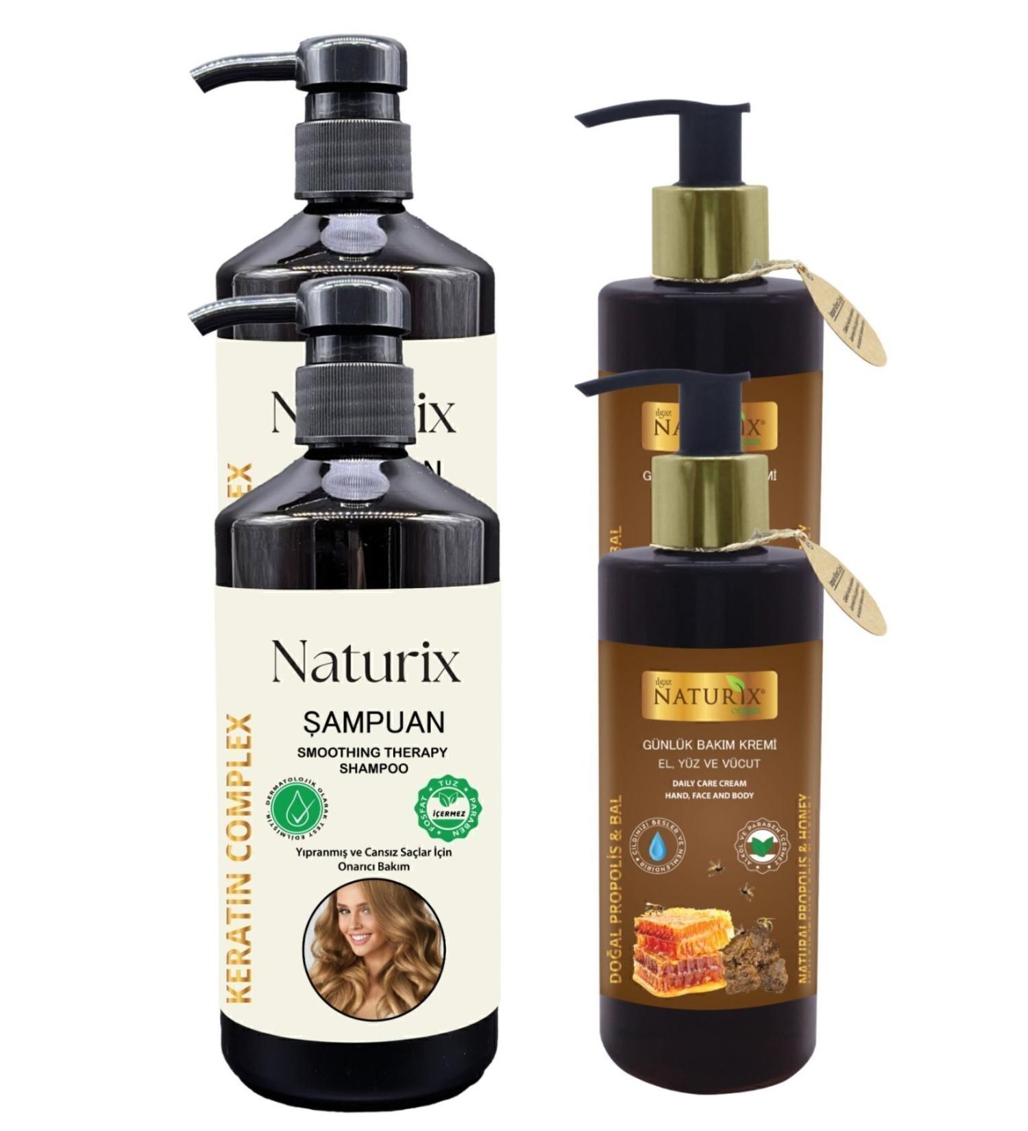 Naturix Hair Growth Formula Salt-Free Keratin Shampoo 2 Pieces 2 X 600 Ml + Honey & Propolis Moisturizing Cream 2 Pieces