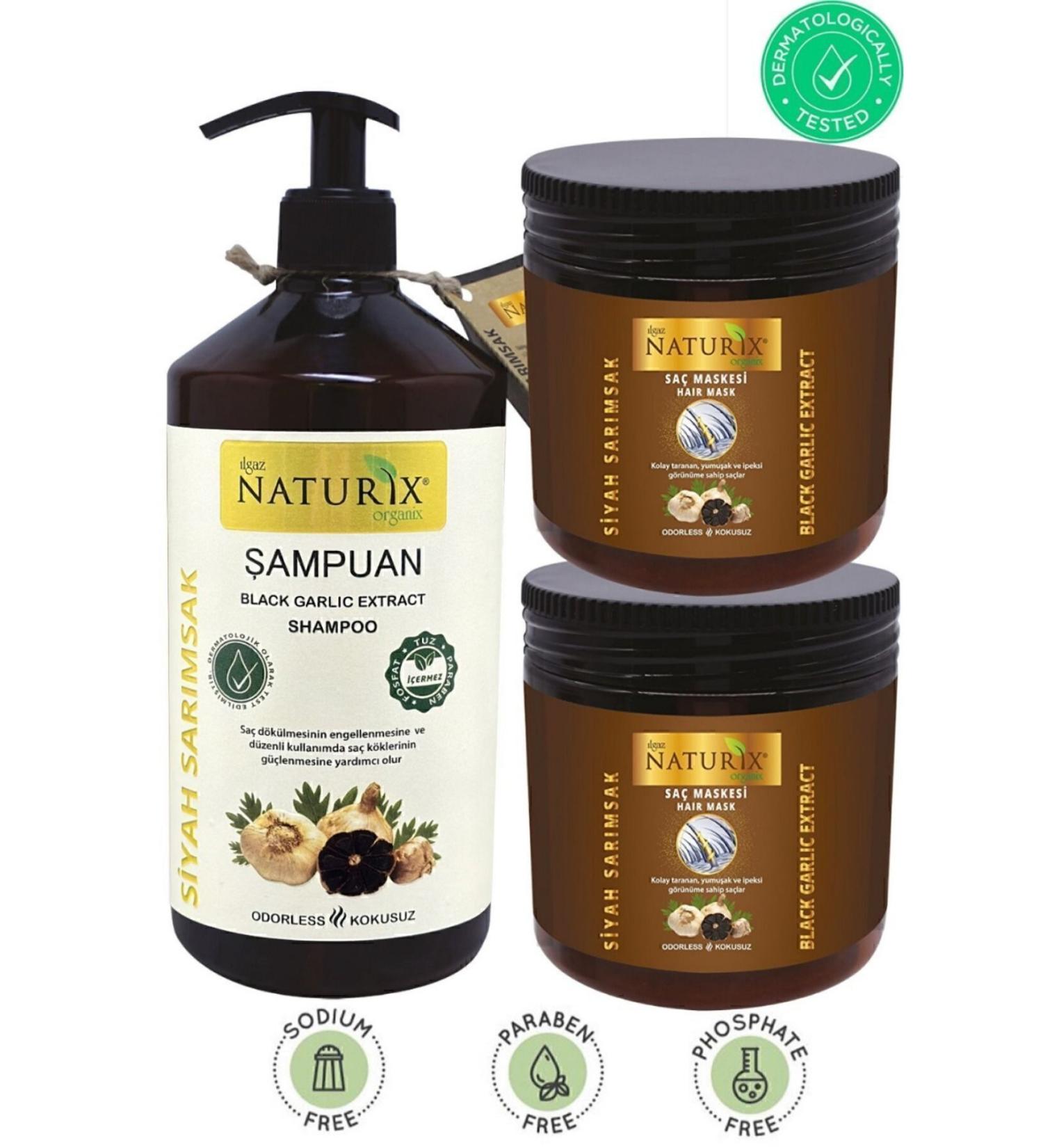 Naturix Anti Hair Loss Odorless Black Garlic Shampoo 600ml + 2 Pieces Odorless Garlic Hair Mask 500ml - Buy Online on GoSupps.com