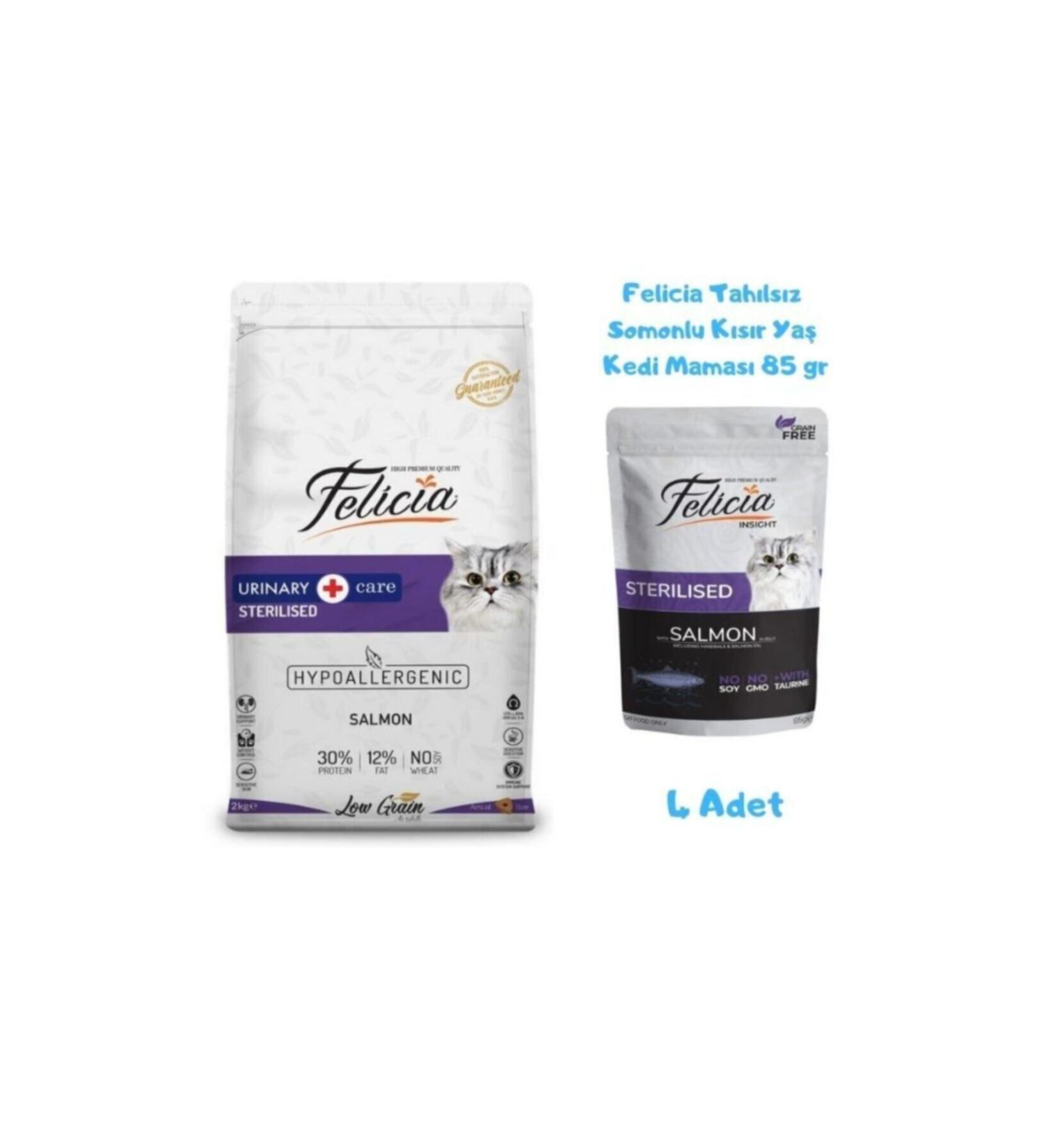 Felicia Sterilized Cat Food with Salmon 2 Kg + Wet Food 85 Gr (4 Pieces)