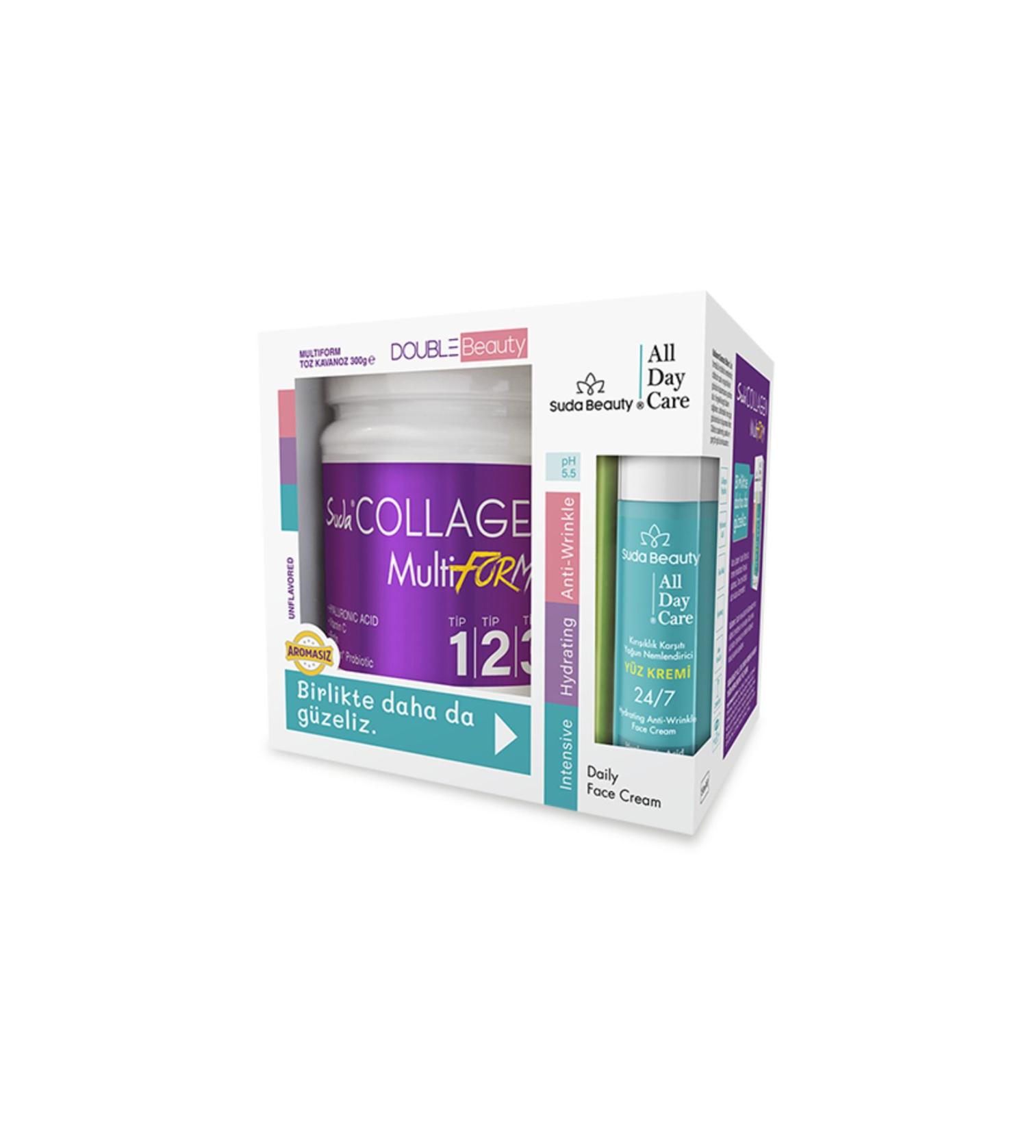 Suda Collagen Double Beauty Multiform Collagen Unflavored 300g + Suda Beauty-All Day Care Face Cream 50ml - Buy Online on GoSupps.com
