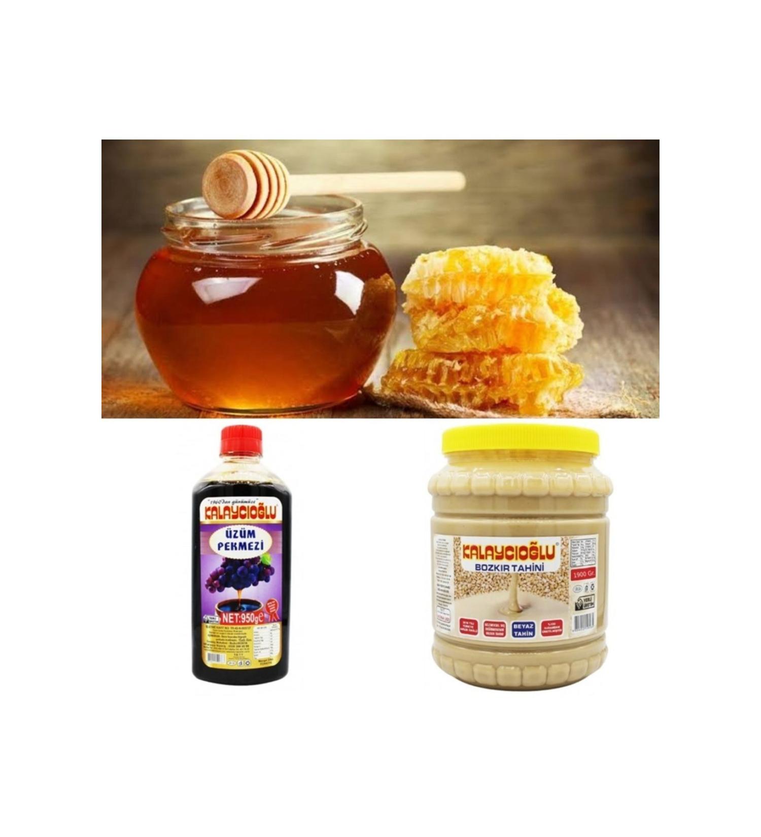 Kalayc o lu BOZKIR WHITE TAHINI 1900 GR - YAYLA EXTRACTED HONEY 1 KG - GRAPE MOLASSES 950 GR