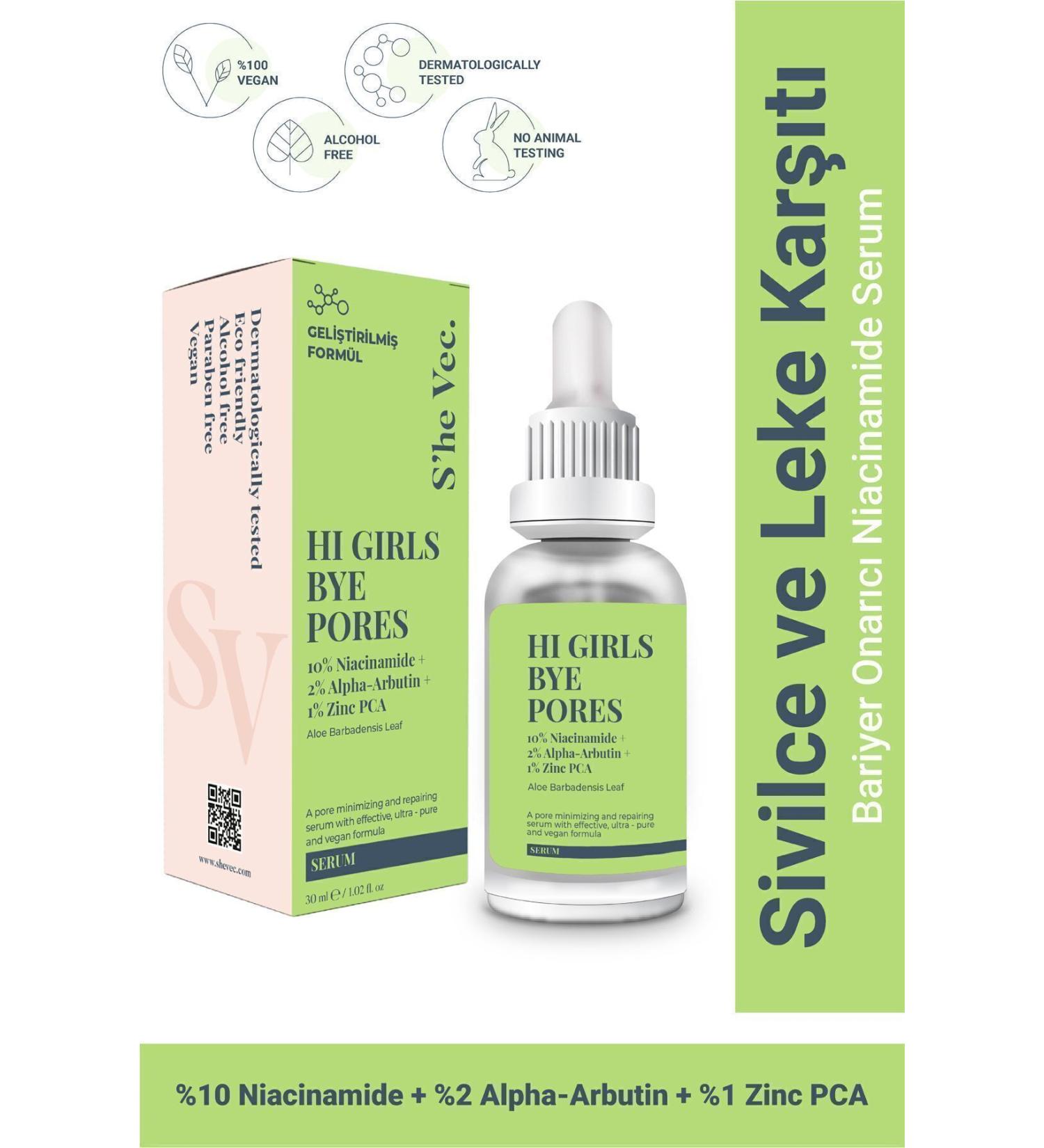 SHE VEC HI GIRLS BYE PORES - Anti-Acne and Anti-Blemish Arbutin 2% Niacinamide ZINC PCA 1% Serum 30 ml - Buy Online on GoSupps.com