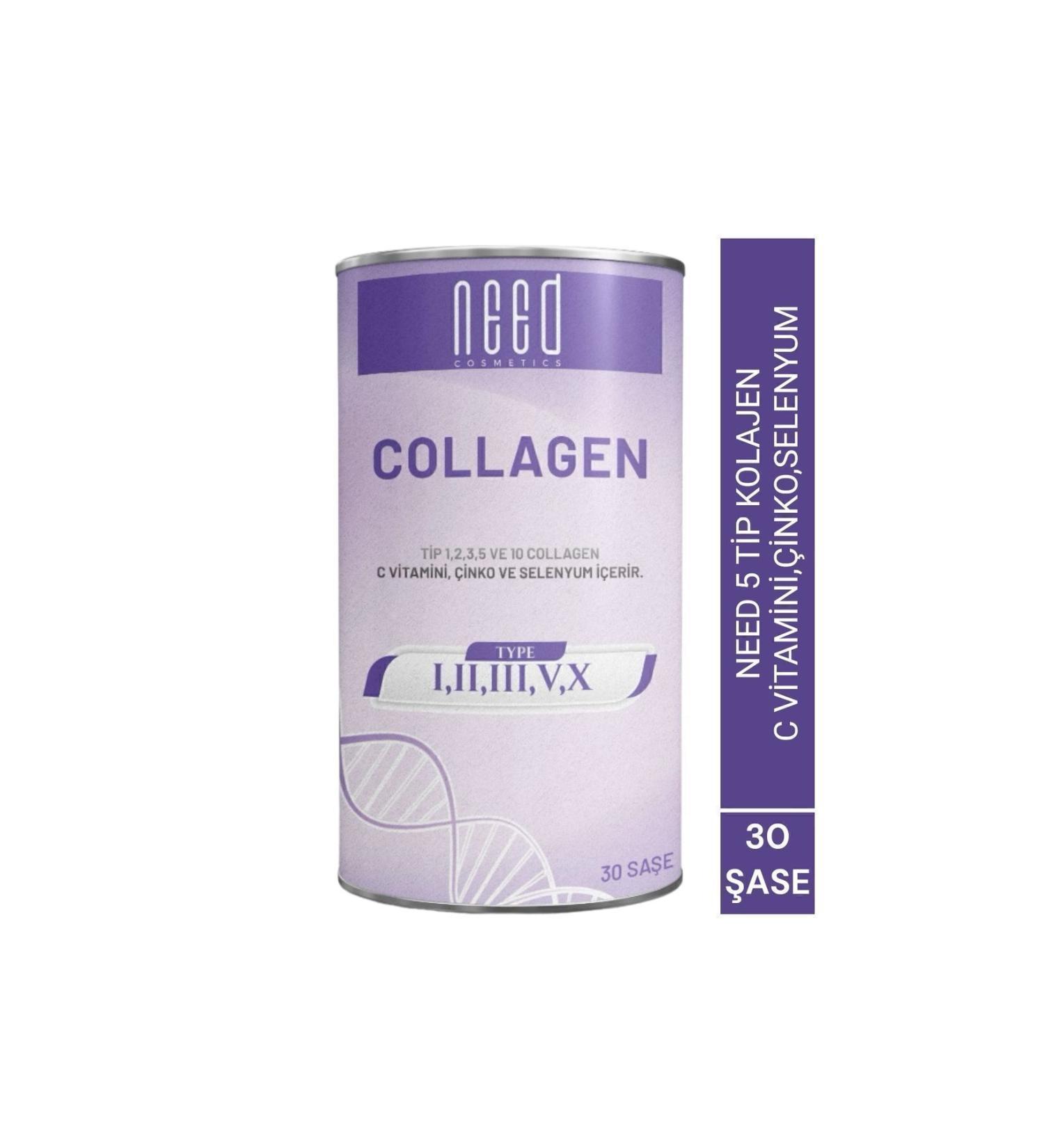 NEED COSMETICS Need 5 Type Collagen Strawberry Flavored (Biotin Selenium Zinc Vitamin C Hyaluronic Acid) 30 Sachets