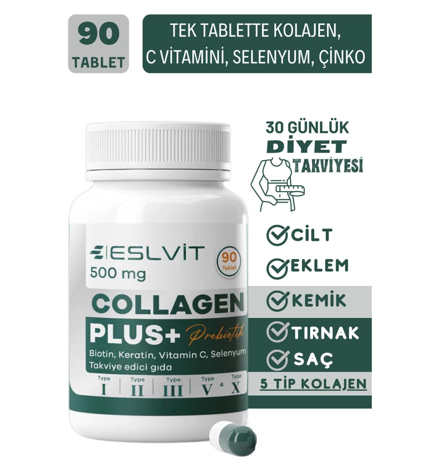 Eslvit 5 Type Hydrolyzed Collagen Type 1 Type 2 Type 3 Type 5 Type 10 (Vitamin C Zinc Selenium) 90 tablets - Buy Online on GoSupps.com