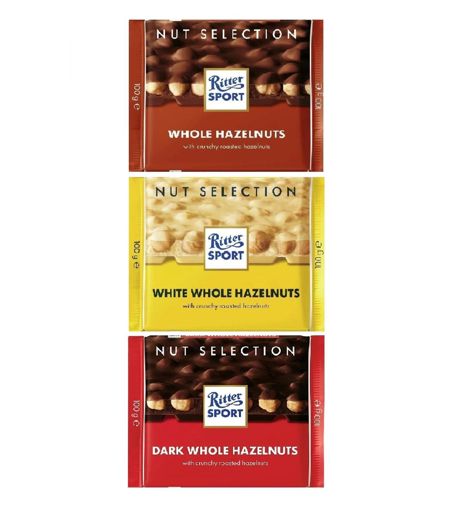 Ritter Sport Whole Hazelnuts Series 100gr. - 3 Piece Set Bitter - Milk - White Hazelnut