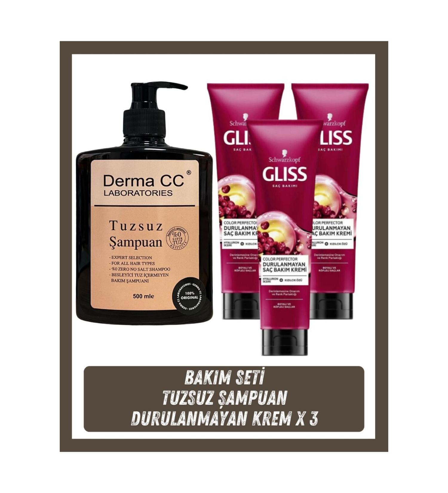 Gliss Leave-In Hair Care Cream 150ml X 3 Pieces + Derma CC LABORATORIES Salt-Free Shampoo 500 ml