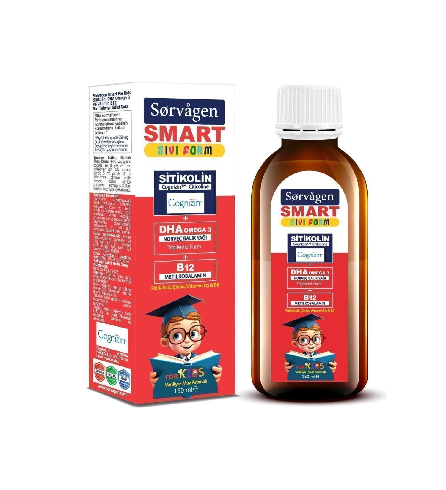 Sorvagen Smart Kids Liquid Form - Citicoline DHA Omega 3 Norwegian Fish Oil and B12 - 150 ml - Buy Online on GoSupps.com