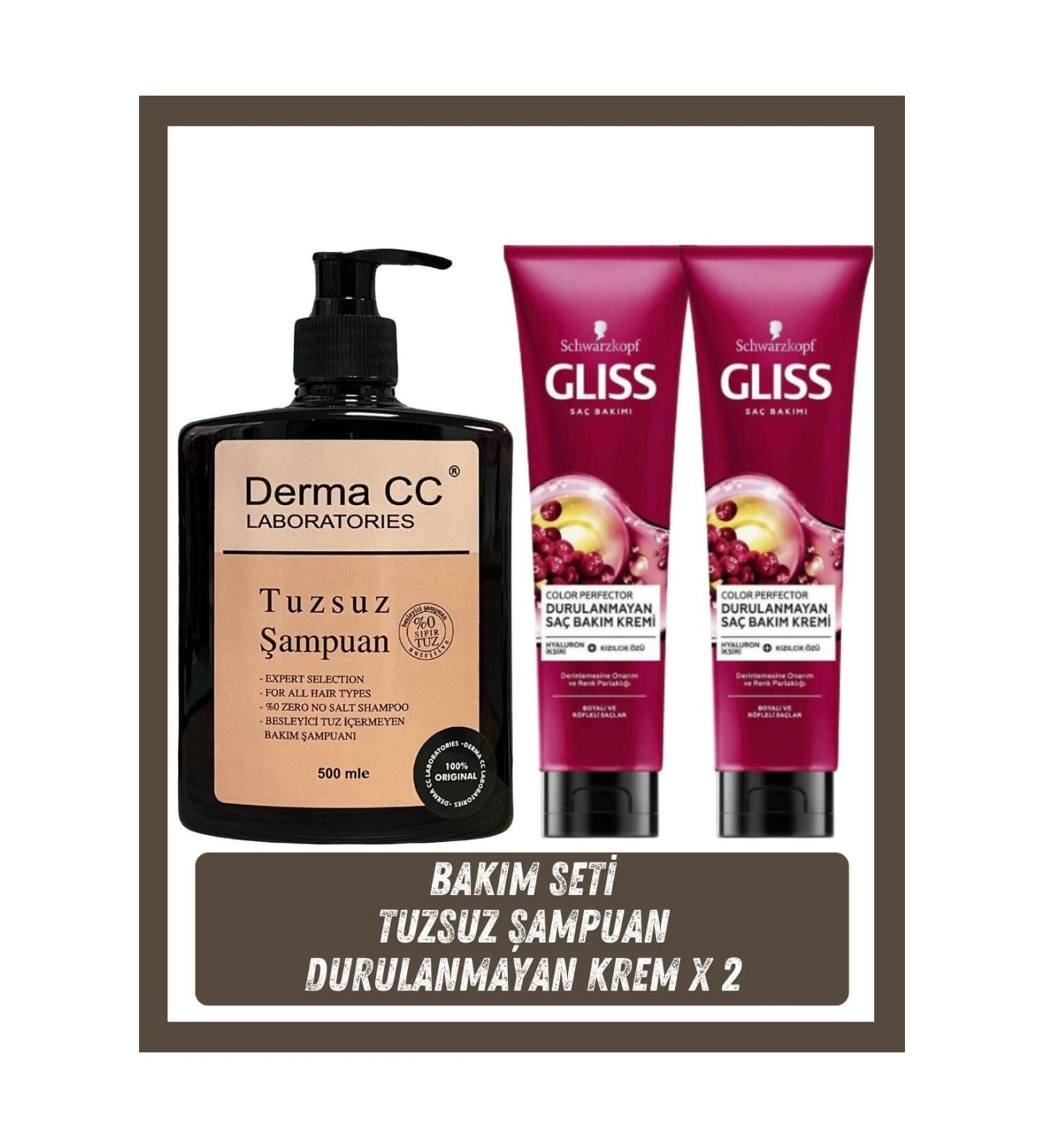 Gliss Leave-In Hair Care Cream 150ml X 2 Pieces + Derma CC LABORATORIES Salt-Free Shampoo 500 ml