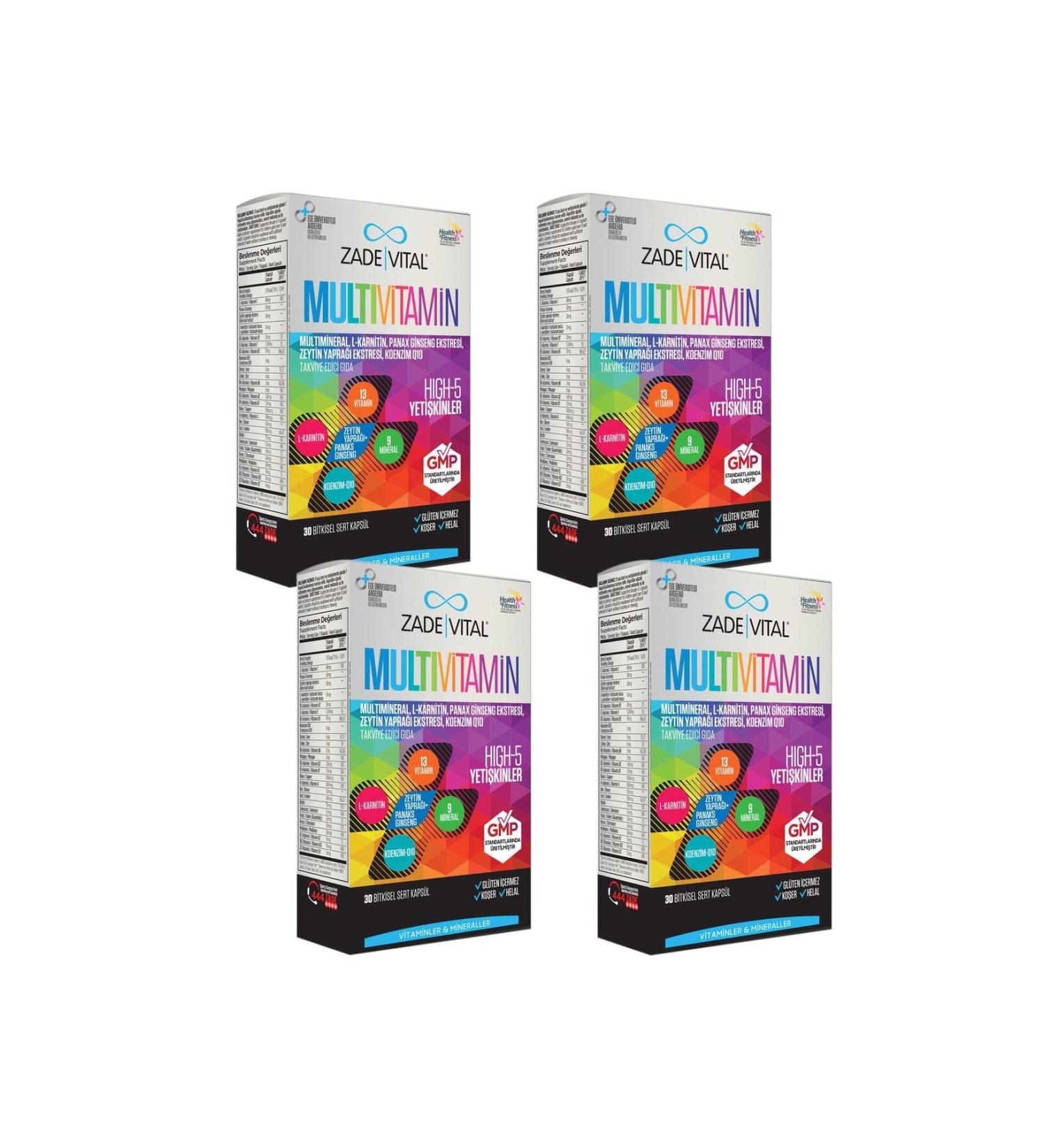 Zade Vital Multivitamin Multimineral (4 Boxes 120 Capsules) Contains Coenzyme Q10 L-carnitine Panax Ginseng