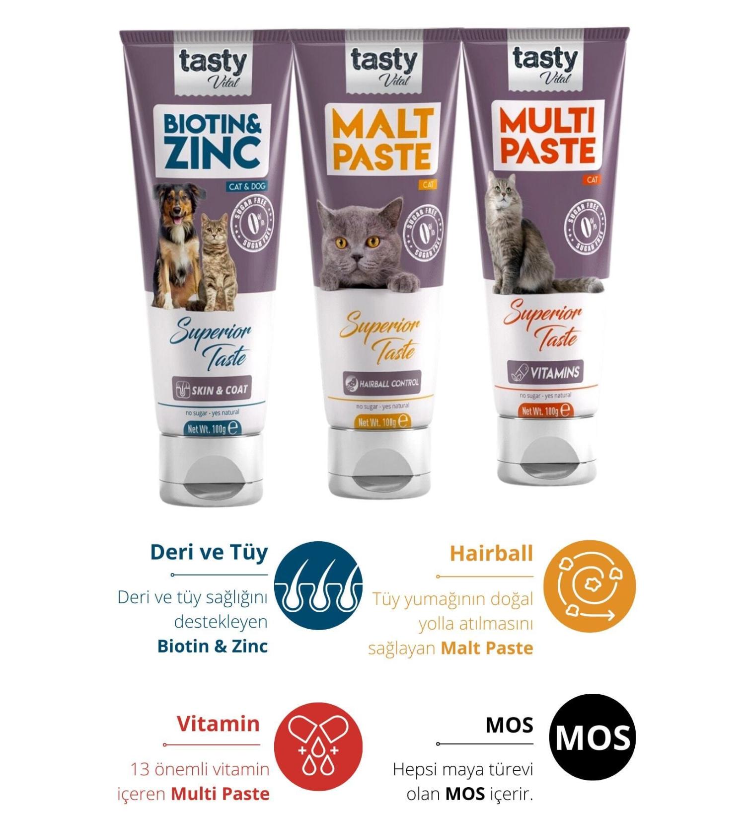 TASTY VITAL Cat Malt Paste 100 Gr + Multi Cat Paste 100 Gr + Biotin Paste 100 Gr (3x100 Gr)