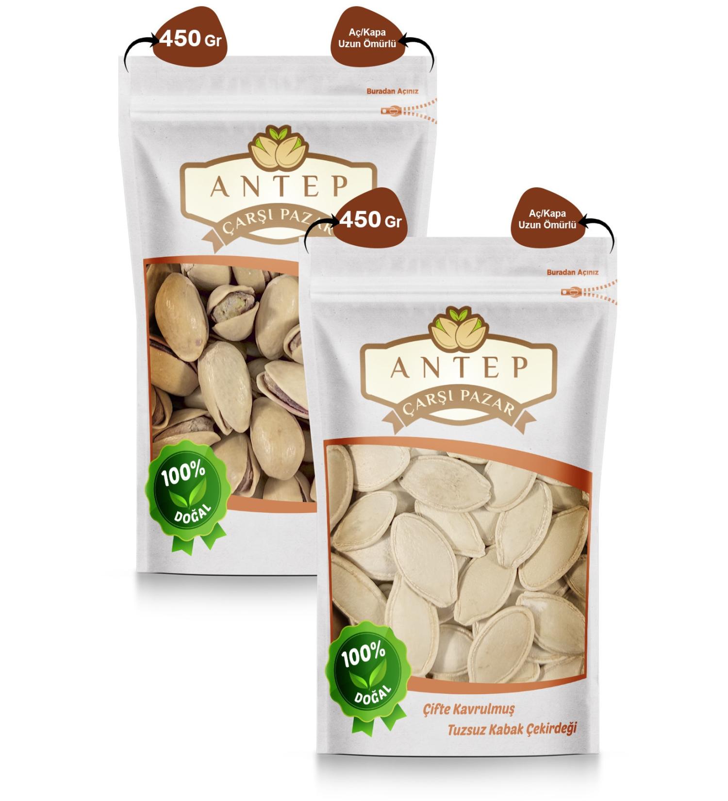 Antep Bazaar Unsalted Pumpkin Seeds 450 gr Main Cracked Siirt Pistachios 450 gr