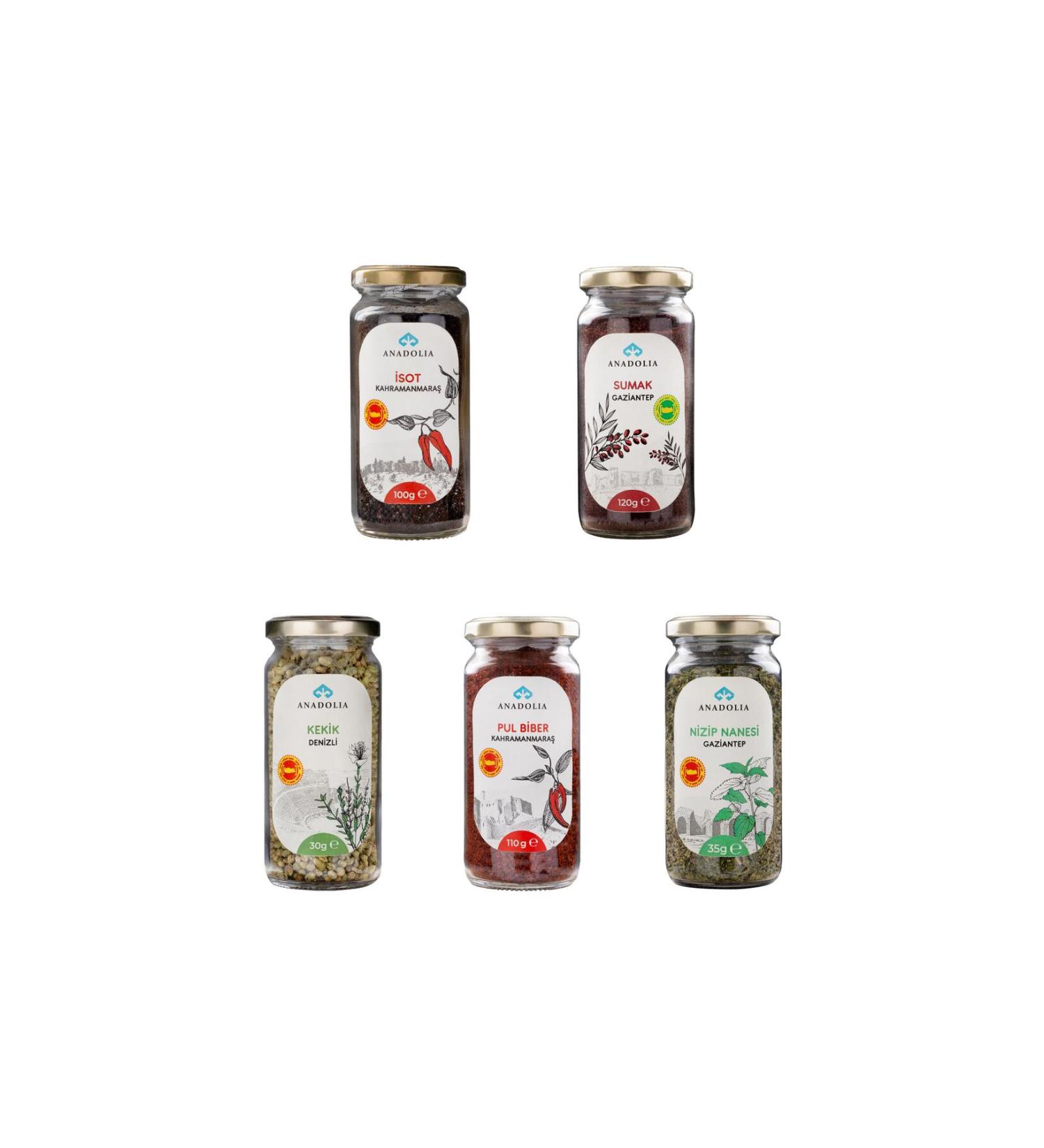 Anatolia Geographically Indicated 5-Piece Spice Set | Isot Sumac Thyme Chili Pepper Mint
