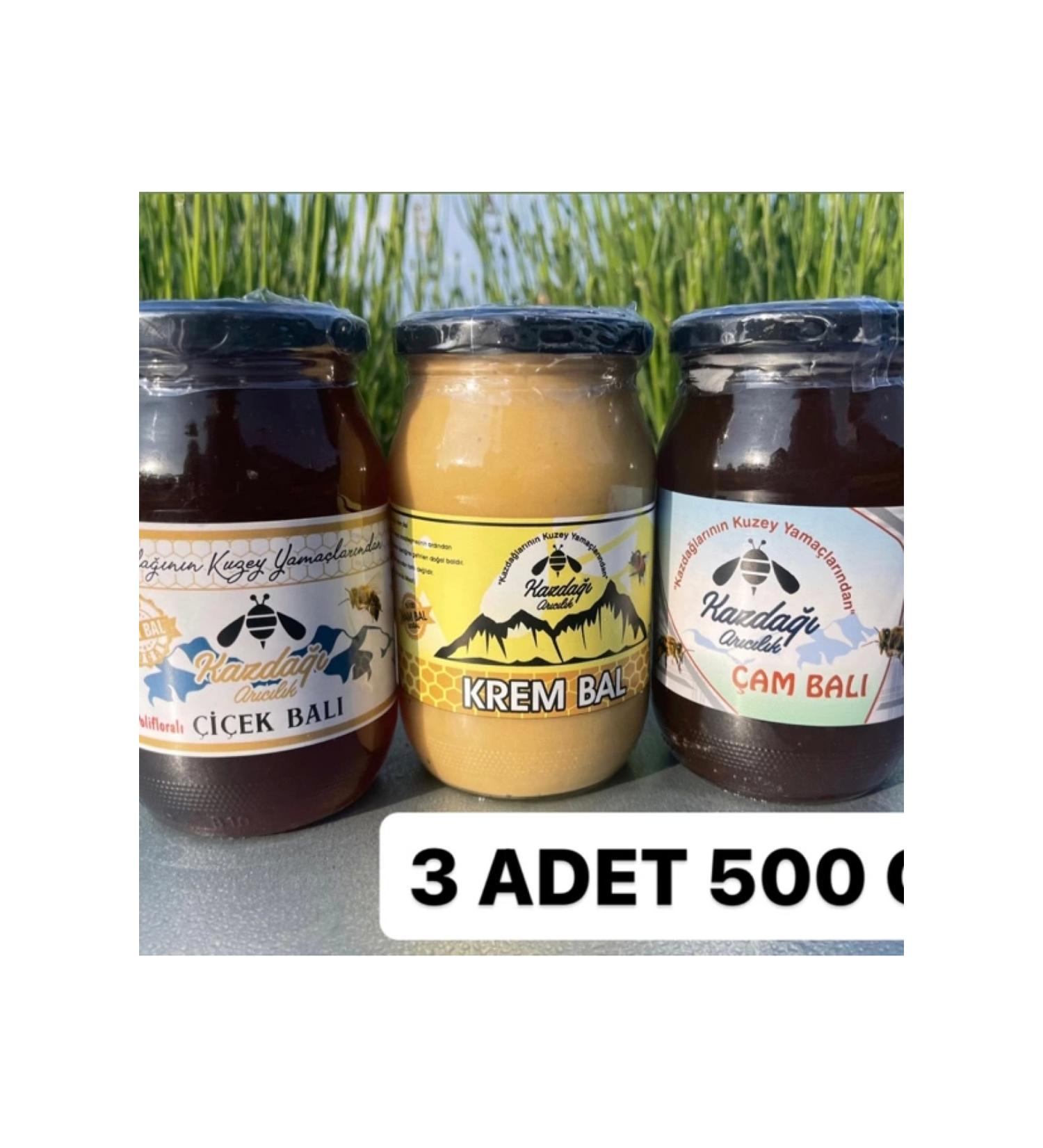 Kazdagi Beekeeping Honey Package 3 (3X500GR FLOWER & PINE & CREAM HONEY)